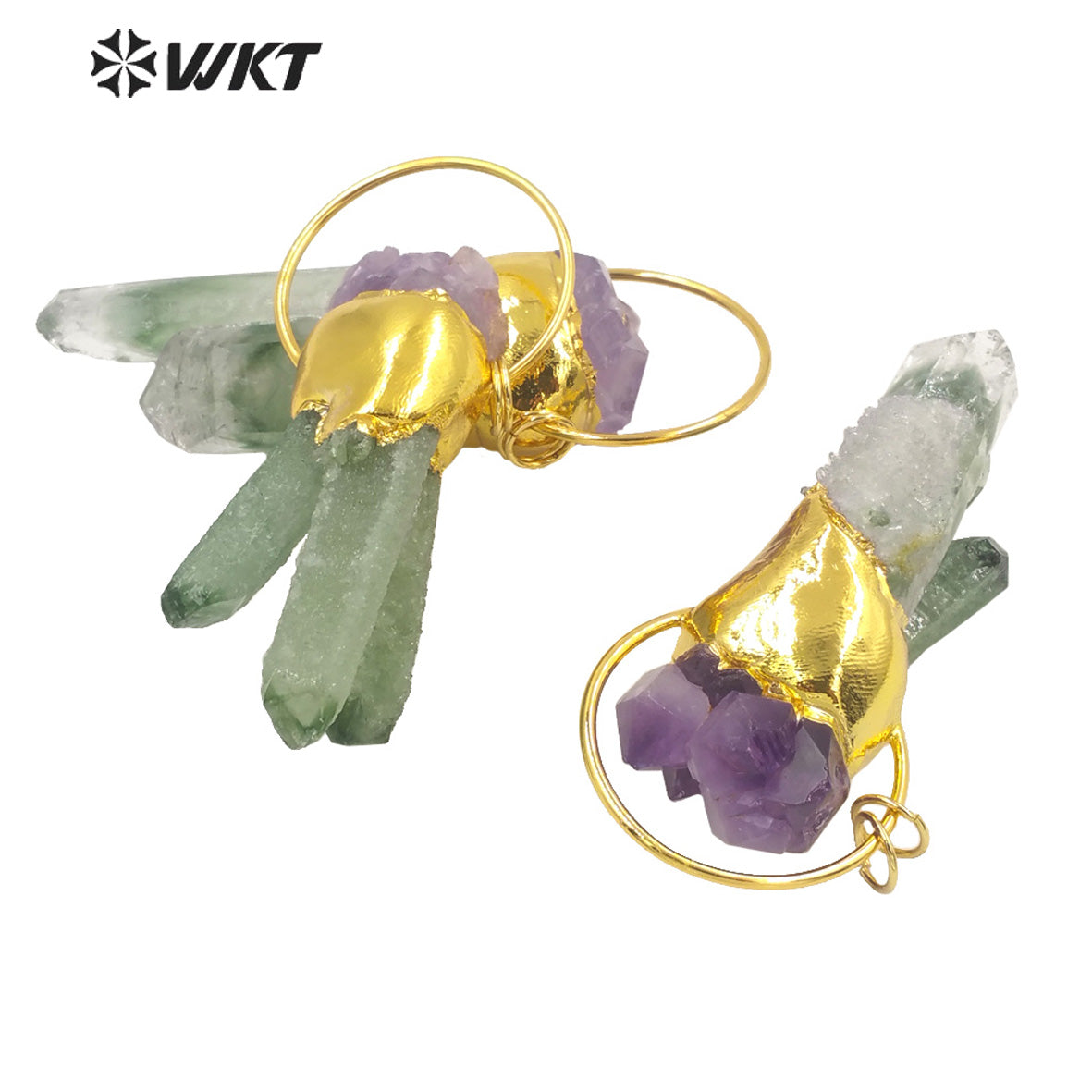 WT-P1694 Amazing Fashion Gold Plated Green Crystal Quartz Stone Pendant Women Natural Cluster Druzy Quartz Pendant for Necklace