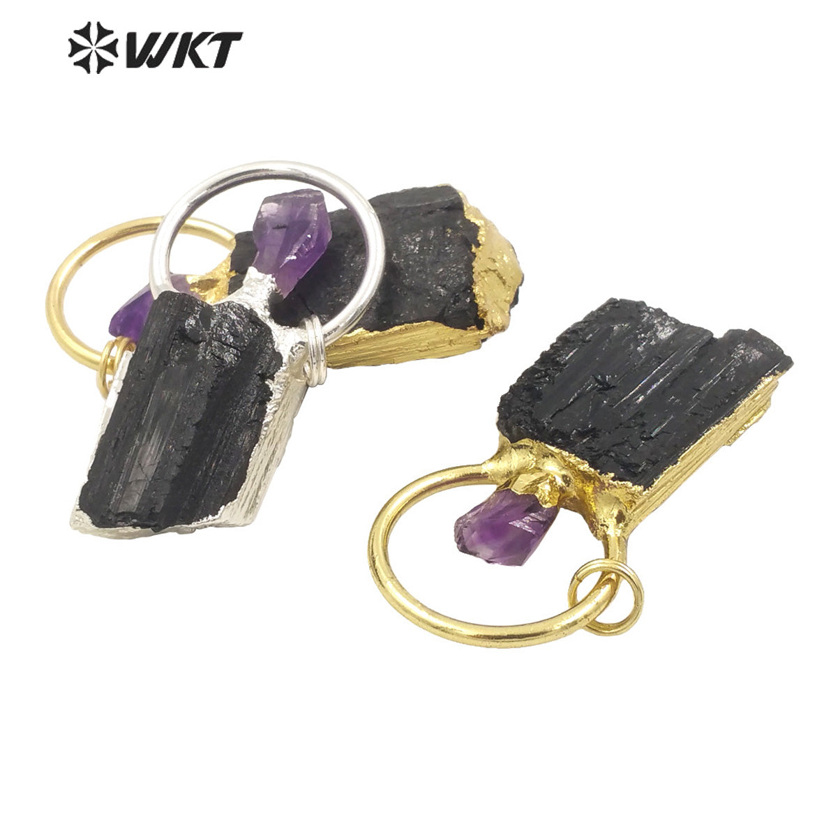 WT-P1960 Wholesale Fashion 18K Gold Plated Raw Stone Black Tourmaline With Amethyst Charm Energy Jewelry Pendants