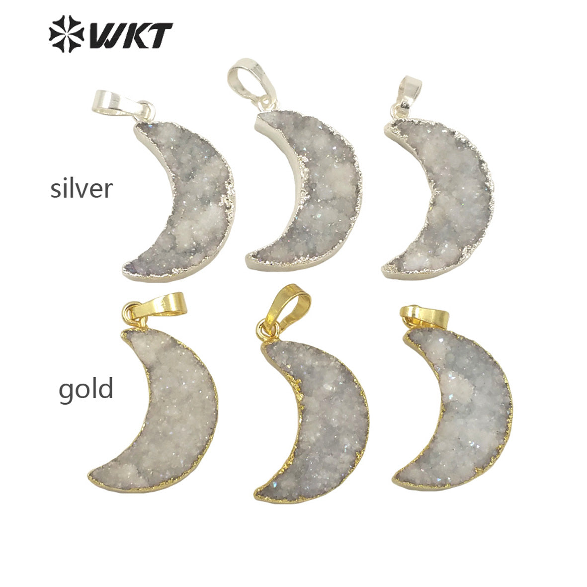 WT-P1706 Super Hot Natural Druzy Quartz Moon Pendant with Angel Color Fashion Women Jewelry Crescent Moon Stone Pendant