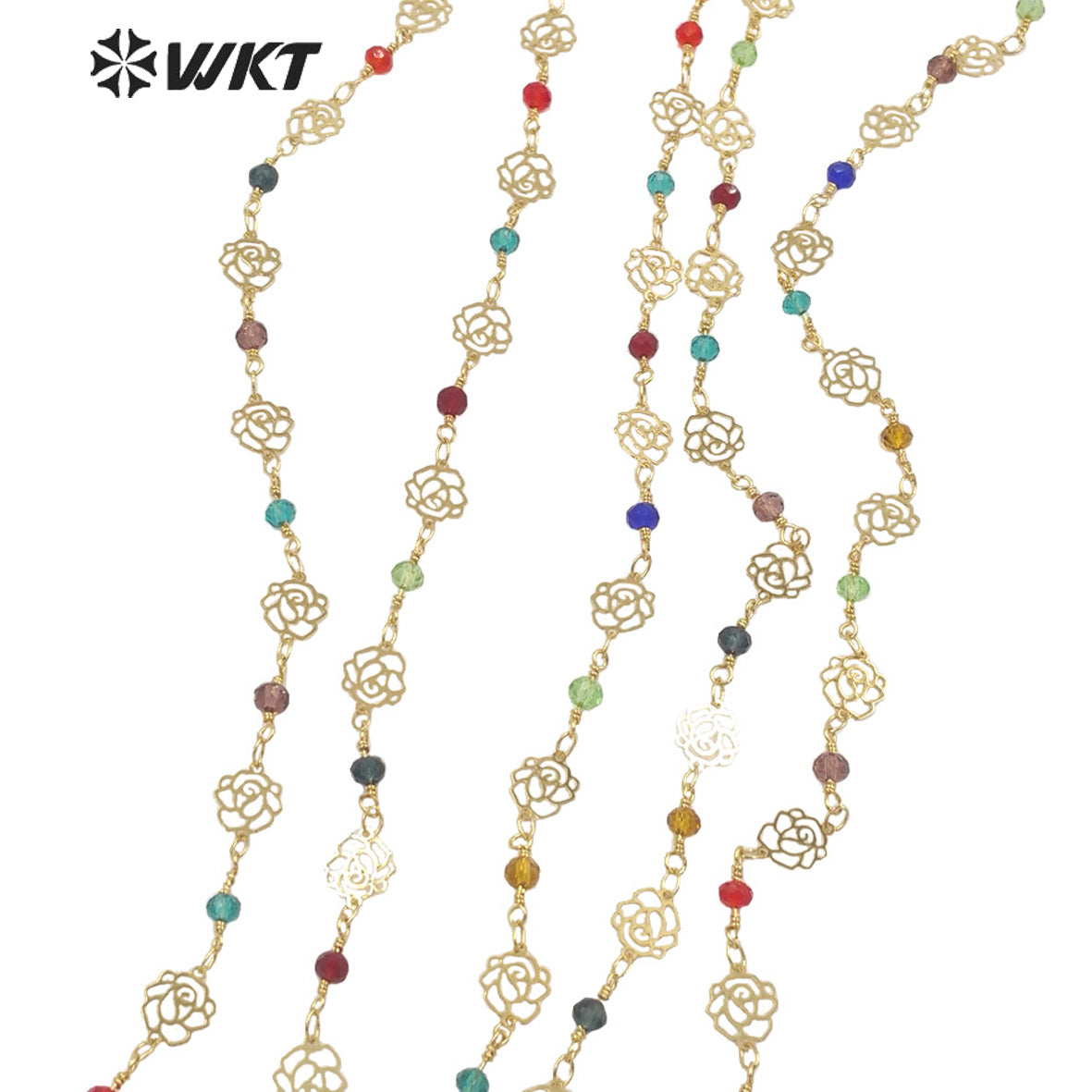 WT-RBC216 Amazing Gold Colorful Crystal Beads Rosary Chain with Rose Flower Chains DIY Jewelry Findings Beads Chain by Meters