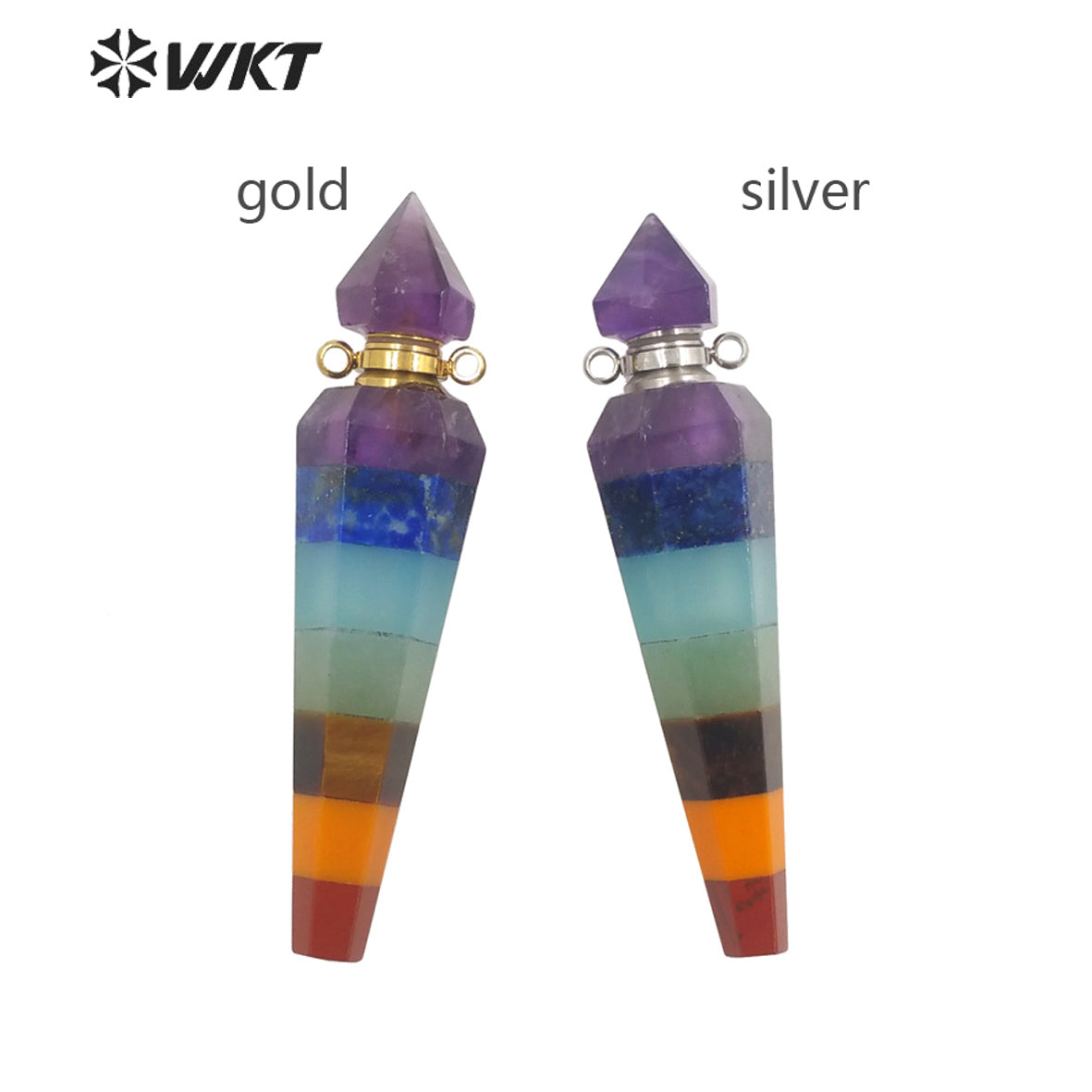 WT-P1870 Wholesale Fashion Energy CONICAL SHAPE Stone Pendant Load Perfume Bottle for Necklace Seven Chakela Bullet Bottle