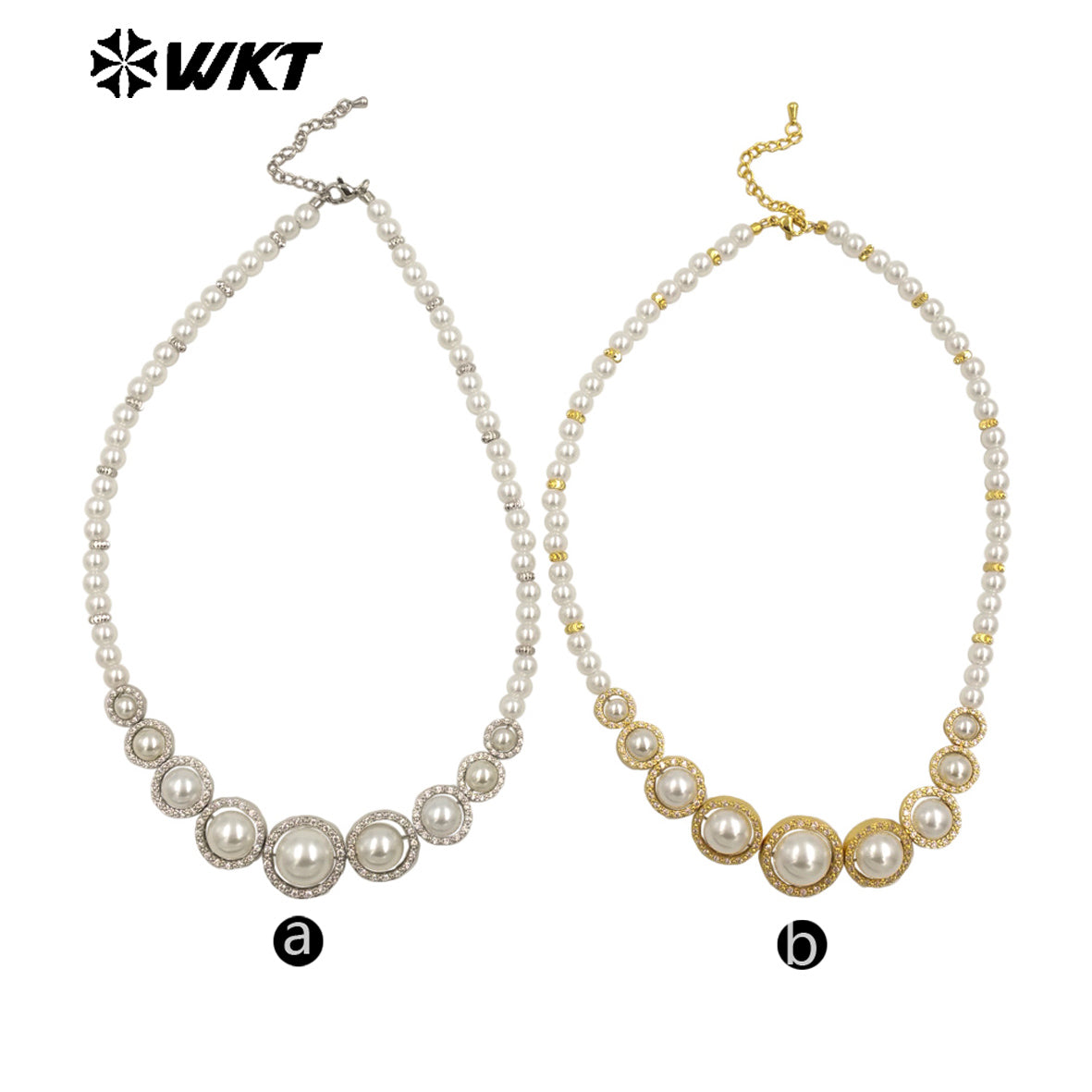 WT-JN290 Stylish Gold Beads Interspersed With Silver Beads Pearl Round Necklace With Small Zircon Jewelry Accessories for Women