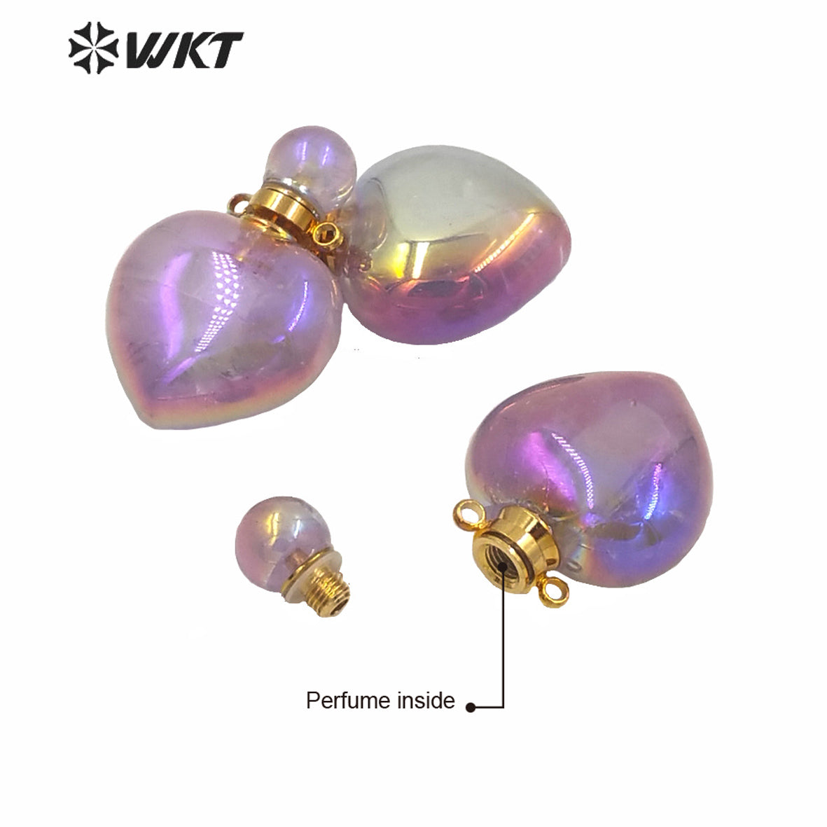 WT-P1596 WKT Design Hot Natural Gold Aura Light Purple Stone Perfume Bottle Pendant Women Popular Heart Amethyst Stone Pendant