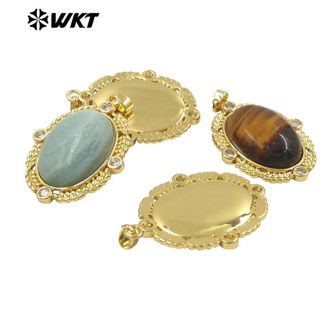 WT-P1985 Wholesale Fashion Gold Bezel Setting With Zircon Around Natural Oval Rose Quartz Stone Pendant for Necklace