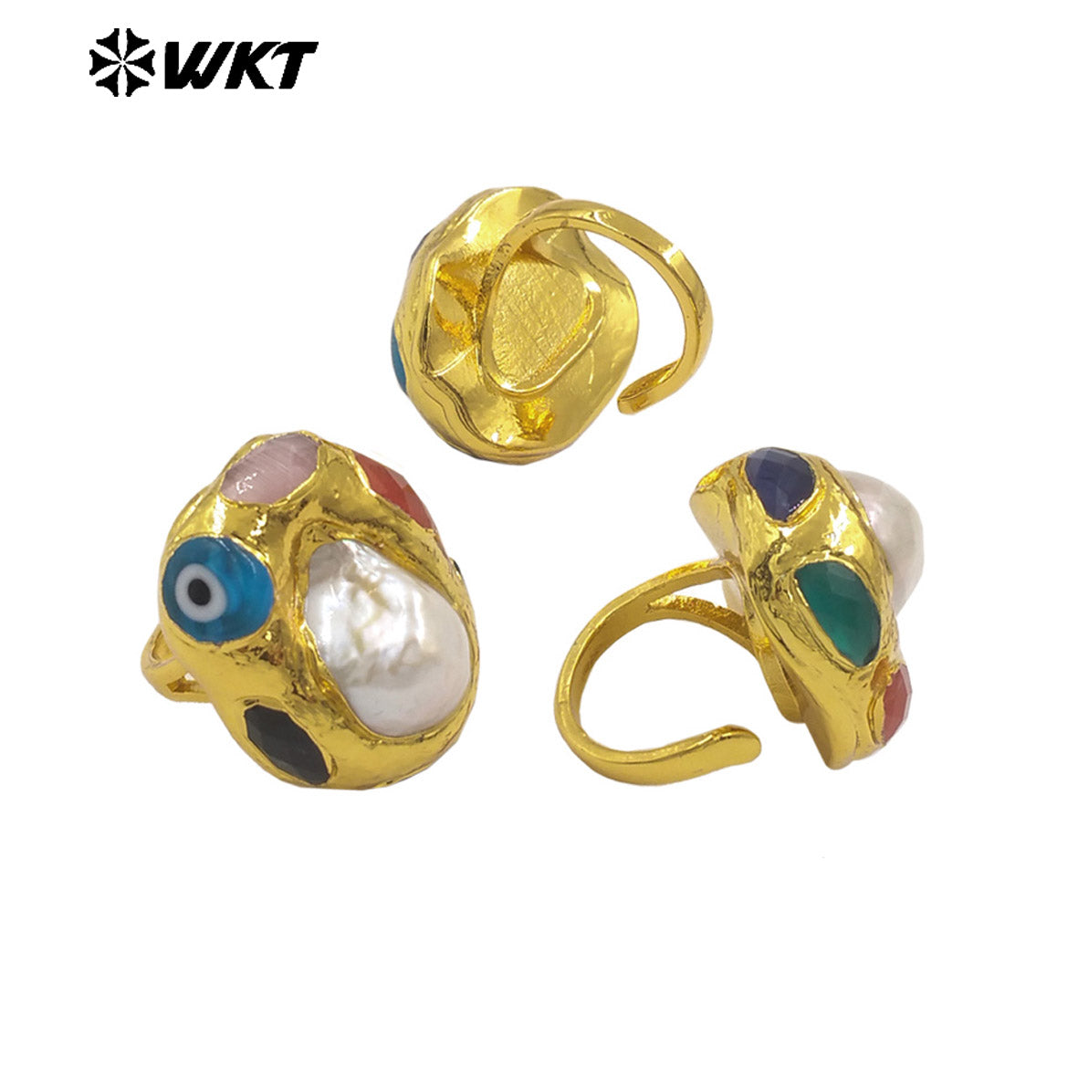 WT-MPR143 Newest Unique Design Adjustable Size Gold Plated Natural Stone With Irregular Baroque Pearl Rings Fashion Accessories