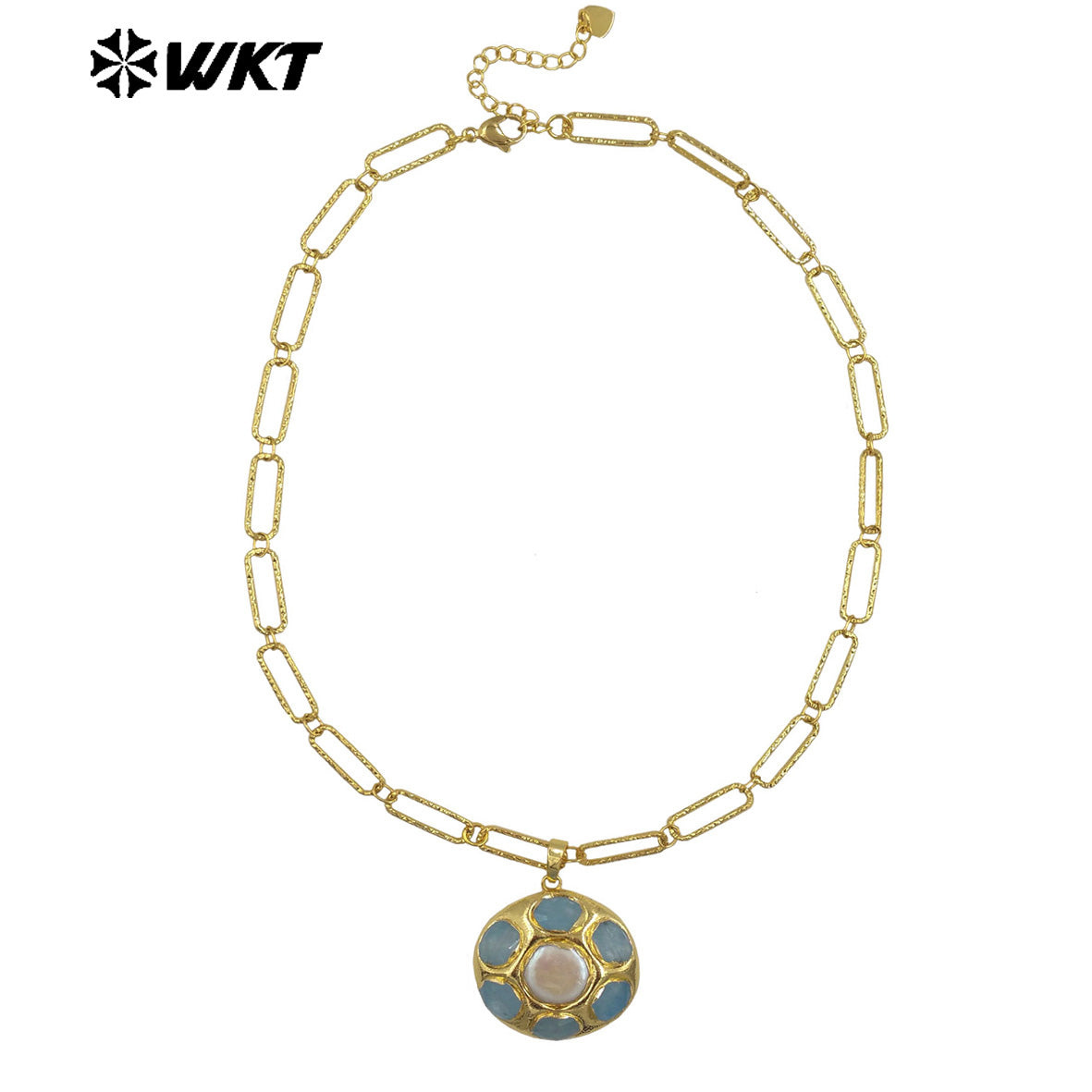 WT-N1493 Amazing Big 18k Real Gold Plated Link Chain Necklace With Round Natural Gemstone and Pearl Assemble Pendants Necklace