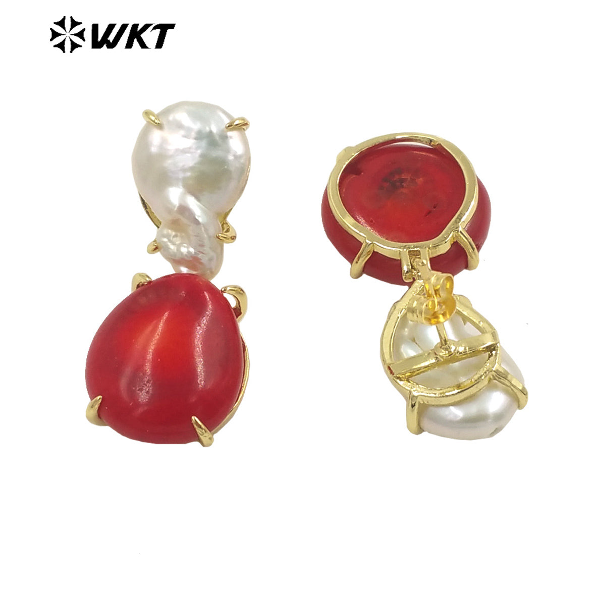 WT-MPE096 Wholesale Fashion Gold Plated Claw Setting Coral Pearl Earrings Women Trendy Boho Pearl Studs for Friend Gift