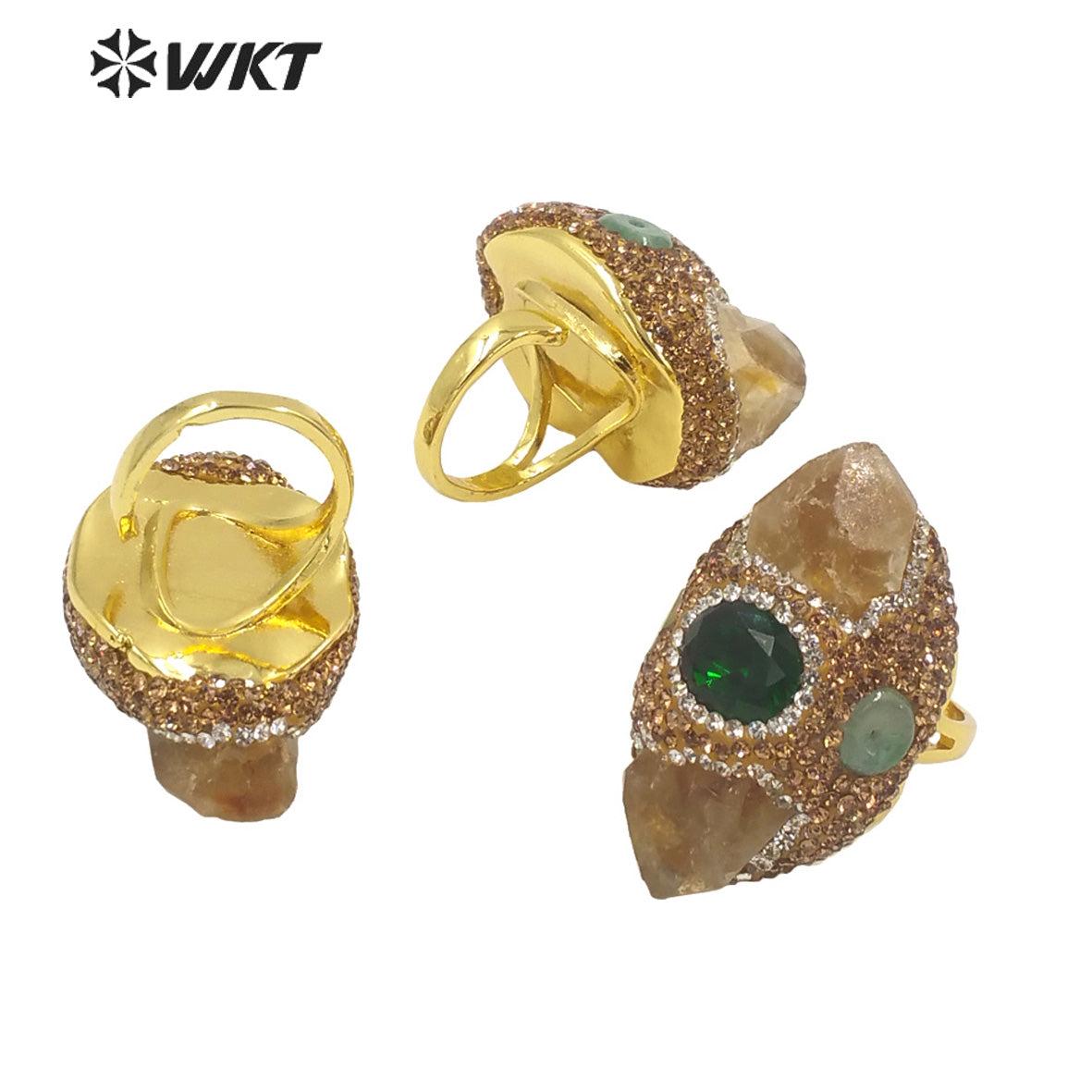 WT-R436 Wholesale Fashion Gold Natural Stone Cigar Ring Handmade Rhinestone Pave Yellow Citrine Lucky Energy Jade Stone Ring