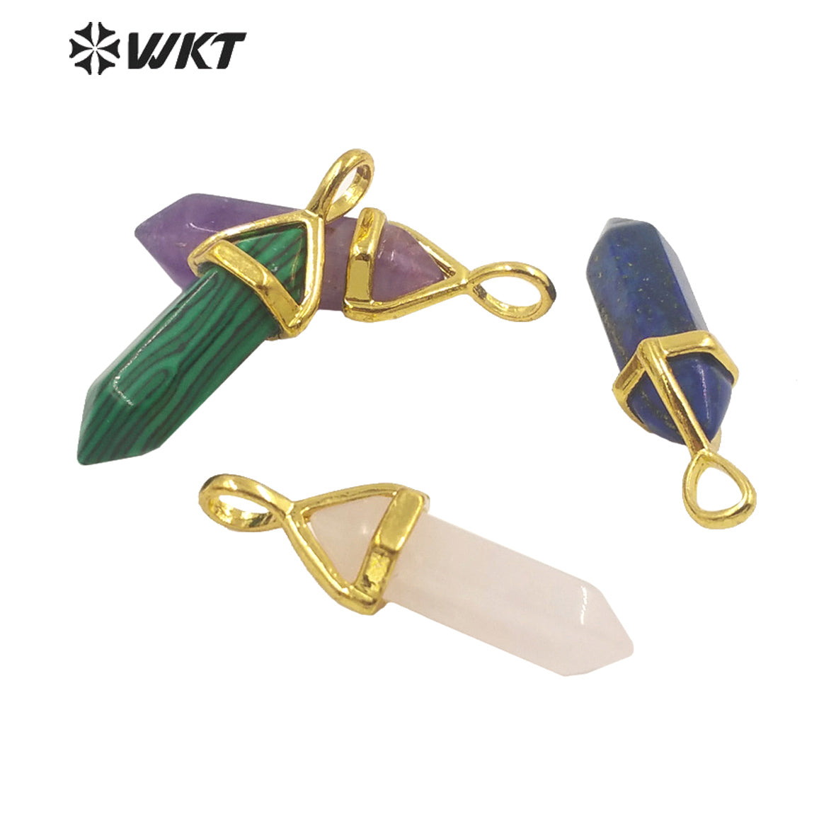 WT-P1864 Trendy Hot Spirit Quartz Double Point Bullet Pendant Gold Cap Natural Gemstone Hexagon Stone Jewelry Pendant