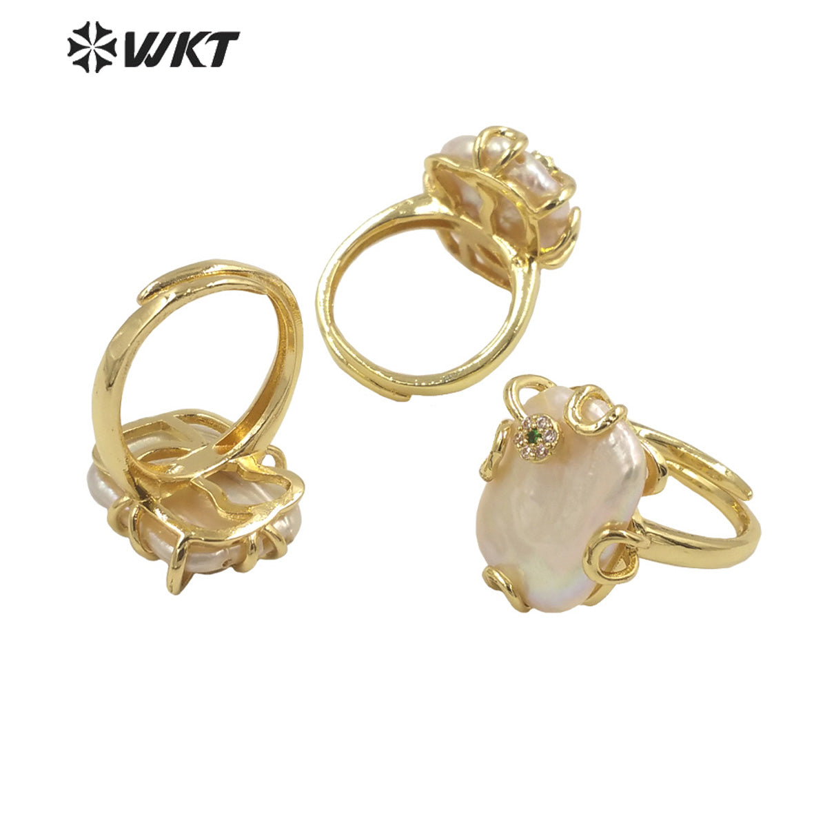 WT-MPR070 Gorgeous Trendy Fashion Natural Freshwater Pearl and Zircon Ring18k Gold Plating for Women Lucky Unique Design Ring