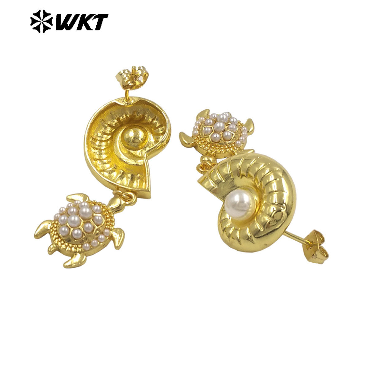 WT-ME134 Lovely Shell Shape Brass Gold Plated With Little Charm And Artificial Pearl Earrings For Women Daily Decoration