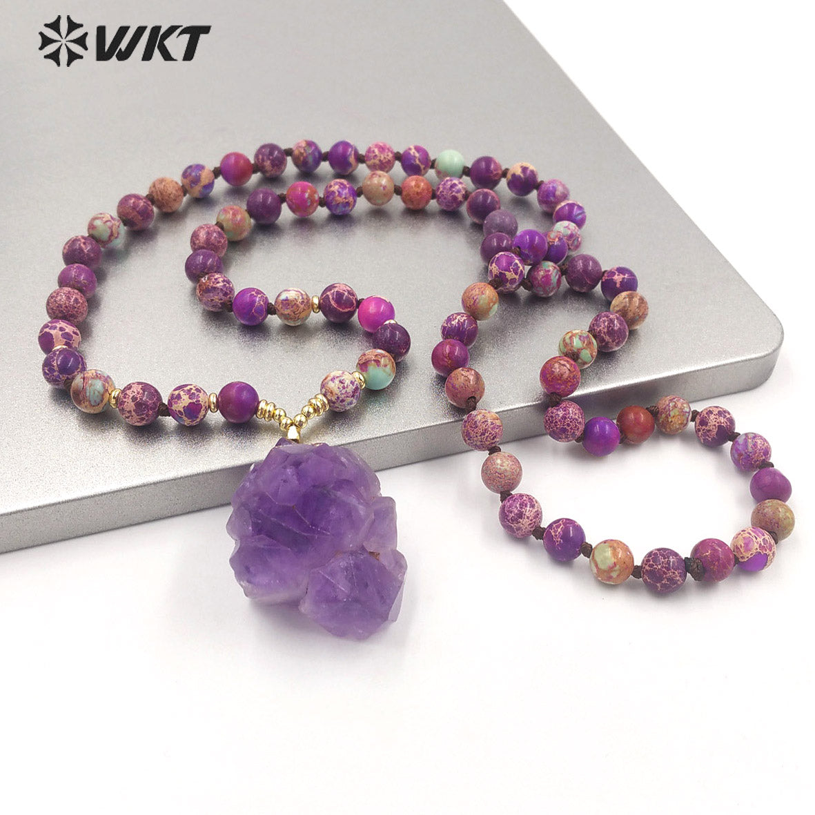 WT-N1376 Graceful Natural Irregular Pretty Amethyst Pendant Necklace Purple Bohemia Jasper Bead Chain Natural Crystal Necklace