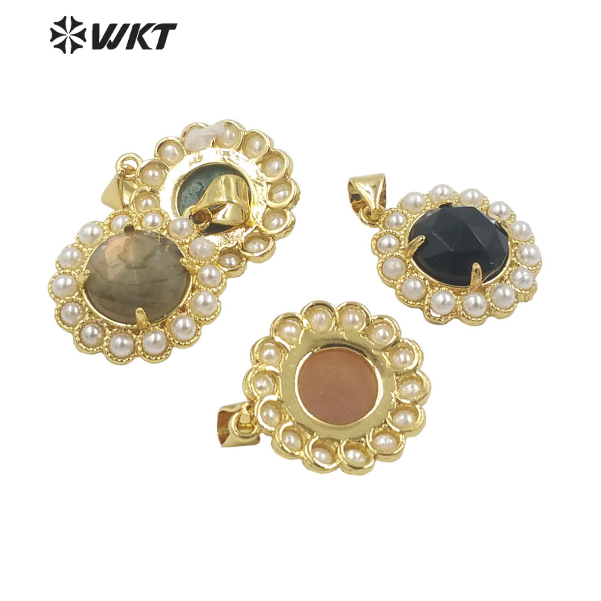 WT-JP358 Wholesale Fashion Gold Plated Stone With Claw Setting Artificial Shell Pearl Around Labradorite Gemstone Pendants