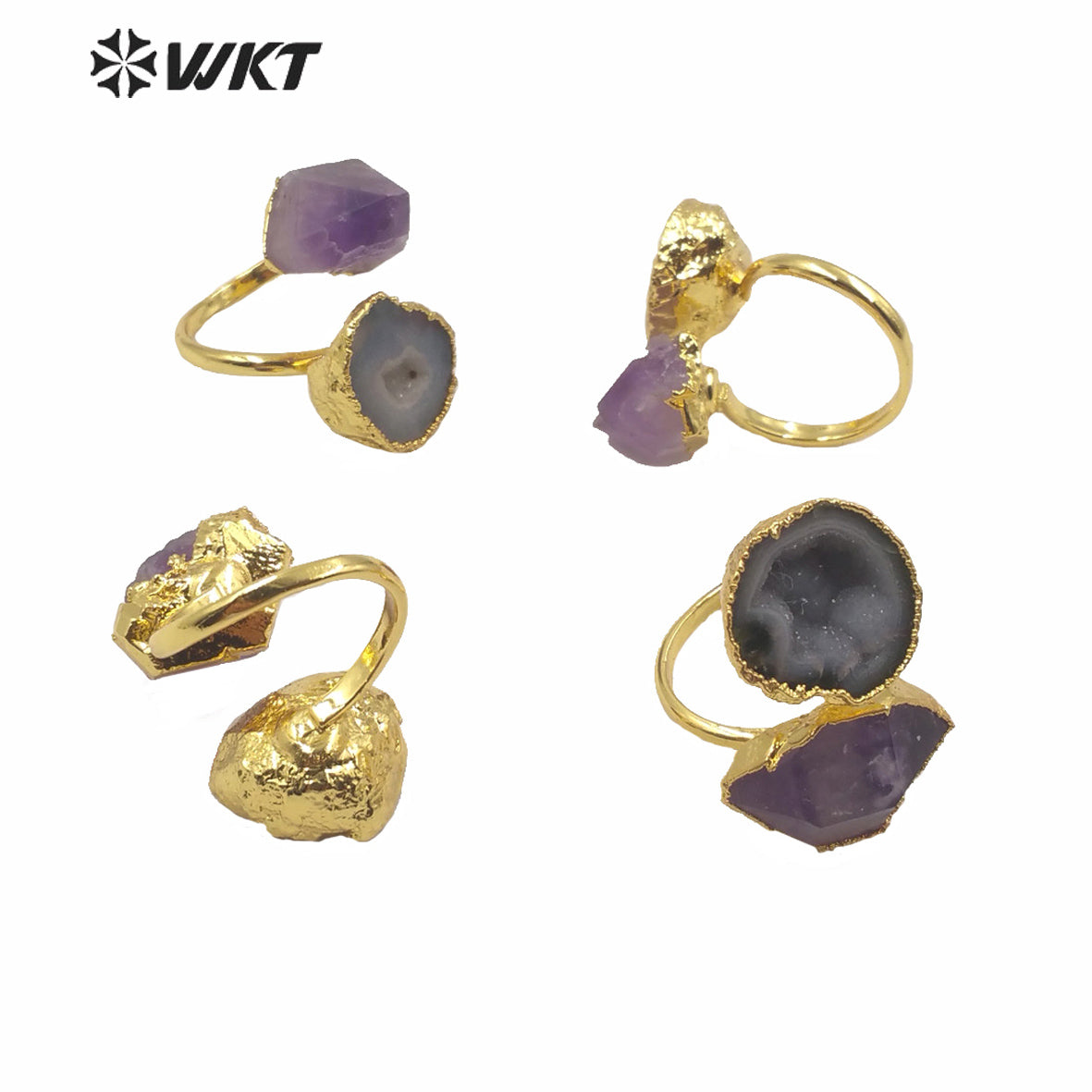 WT-R360 WKT Exclusive Natural Amethyst and Gedoe Agate Stone Ring Fashion Double Stone 18k Real Gold Plated Amethyst Rings