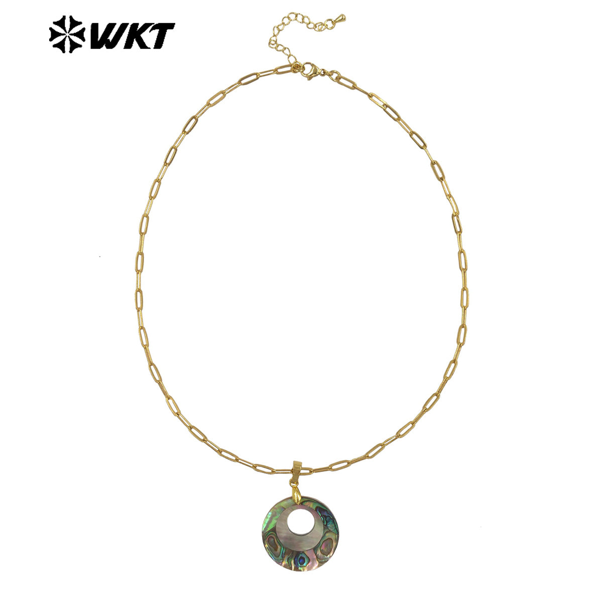 WT-JN350 Vintages Gold Electroplated Rectangle Chain With Natural Abalone Shell Round Hollow Pendant Ladies Necklace Jewelry