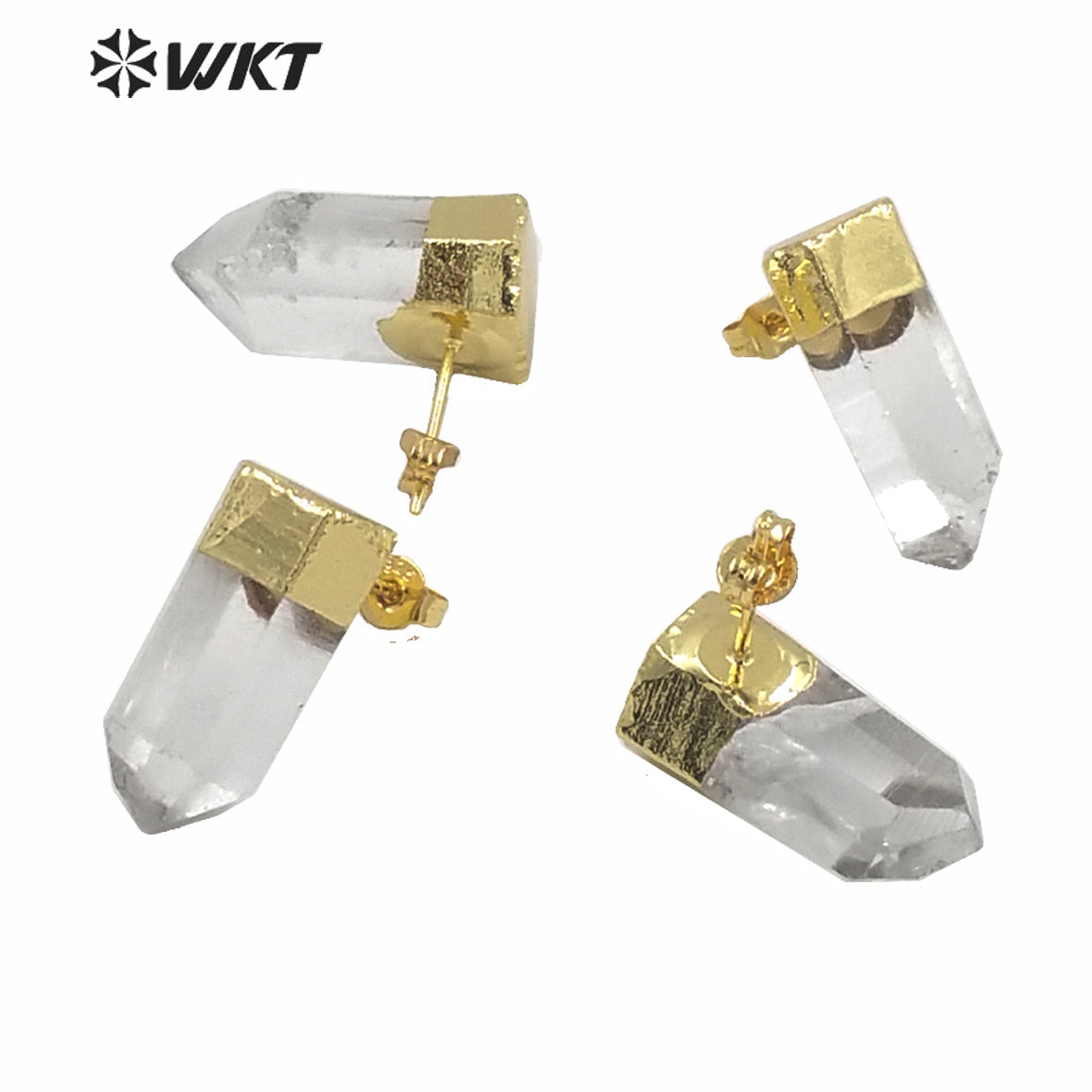 WT-E640 New Design Women Natural clear Crystal Quartz Earring Studs Fashion 18k Gold Plated Bullet Shape Quartz Studs