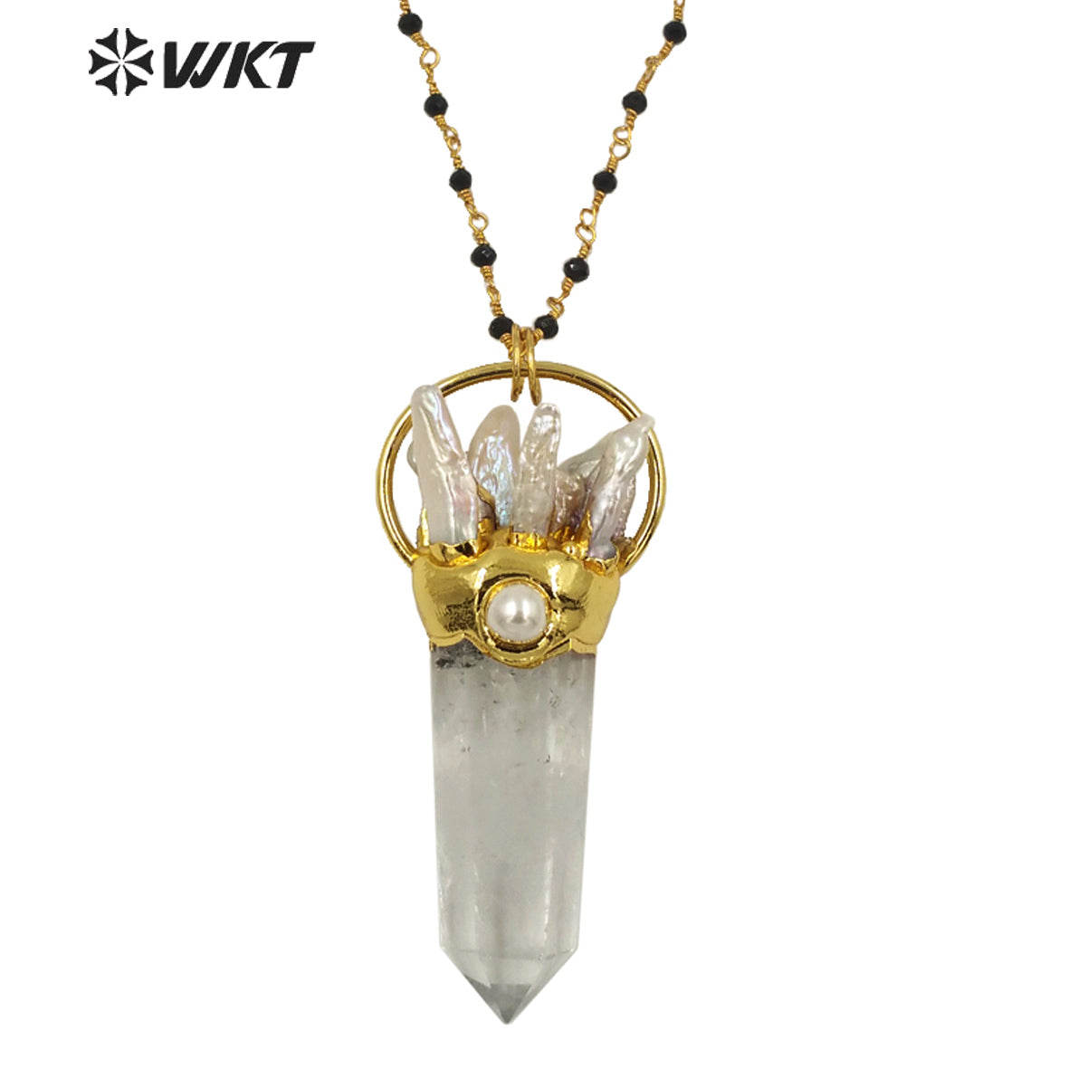WT-N1265 Wholesale Fashion Gold Electroplated White Crystal Quartz Point Stone Necklace Lady Big Stone Energy Pearl Necklace