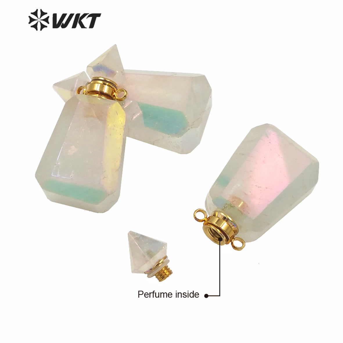 WT-P1616 WKT Newest Natural Crystal Quart Aura Angel Perfume Bottle Fashion Gold Exclusive Design Aura Spirit Bottle Pendant