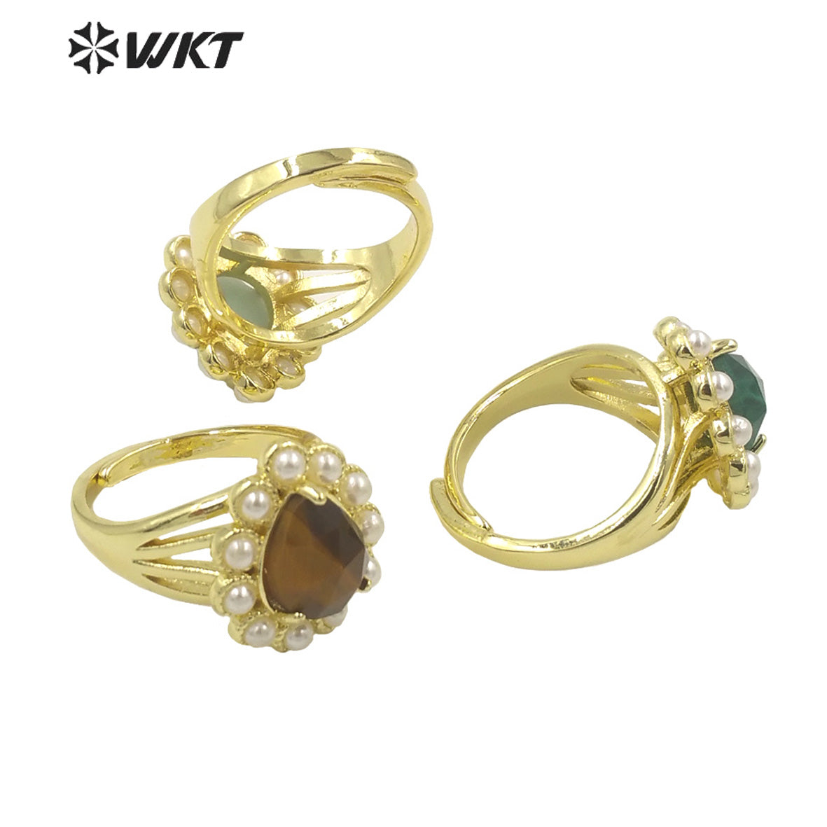 WT-MPR082 Amazing Delicate Fashion Gold Women 18K Plated Teardrop Open Adjustable Tiger Eye Stone Ring