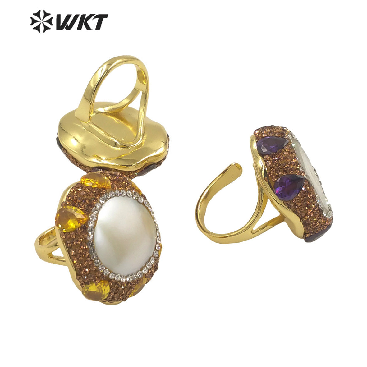 WT-MPR085 New Popular Handmade Design Gold Rhinestone and Freshwater Pearl Mabe Fashion Adjustable Zircon Ring