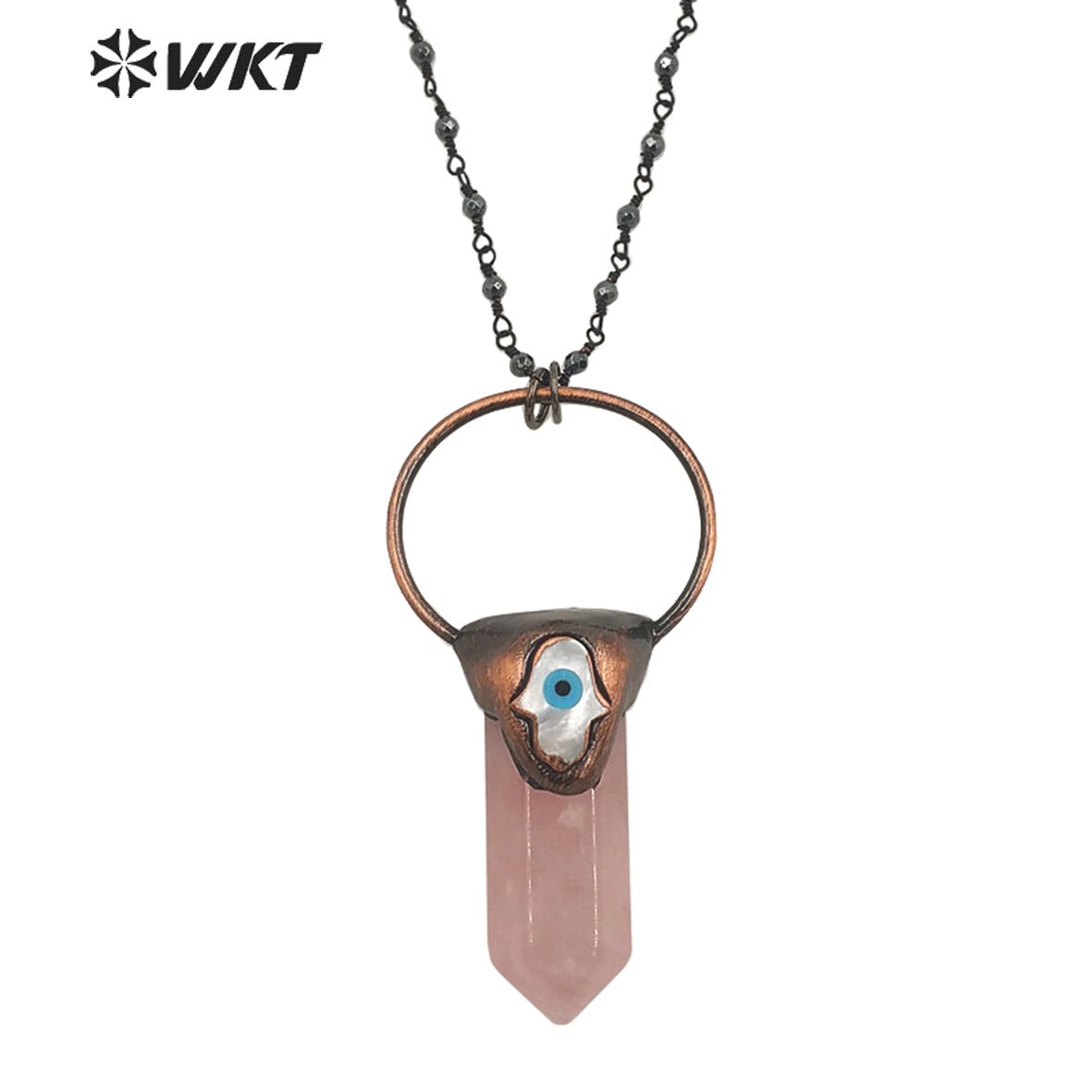 WT-N1391 Vintage Bohemian Hexagon Rose Quartz Stone Necklace Antique Copper Hematite Beads Chain Pendant Necklace