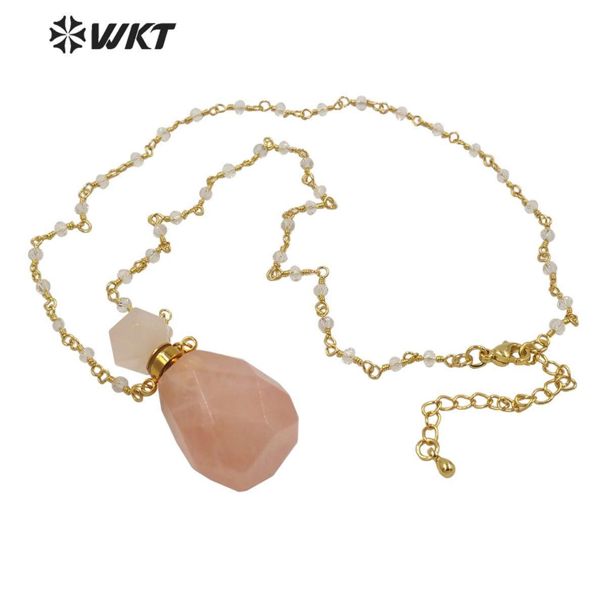 WT-N1269 Wholesale Lady Birthday Stone Perfume Bottle Necklace Gold Stainless Steel Metal Rose Quartz Stone Bottle Necklace