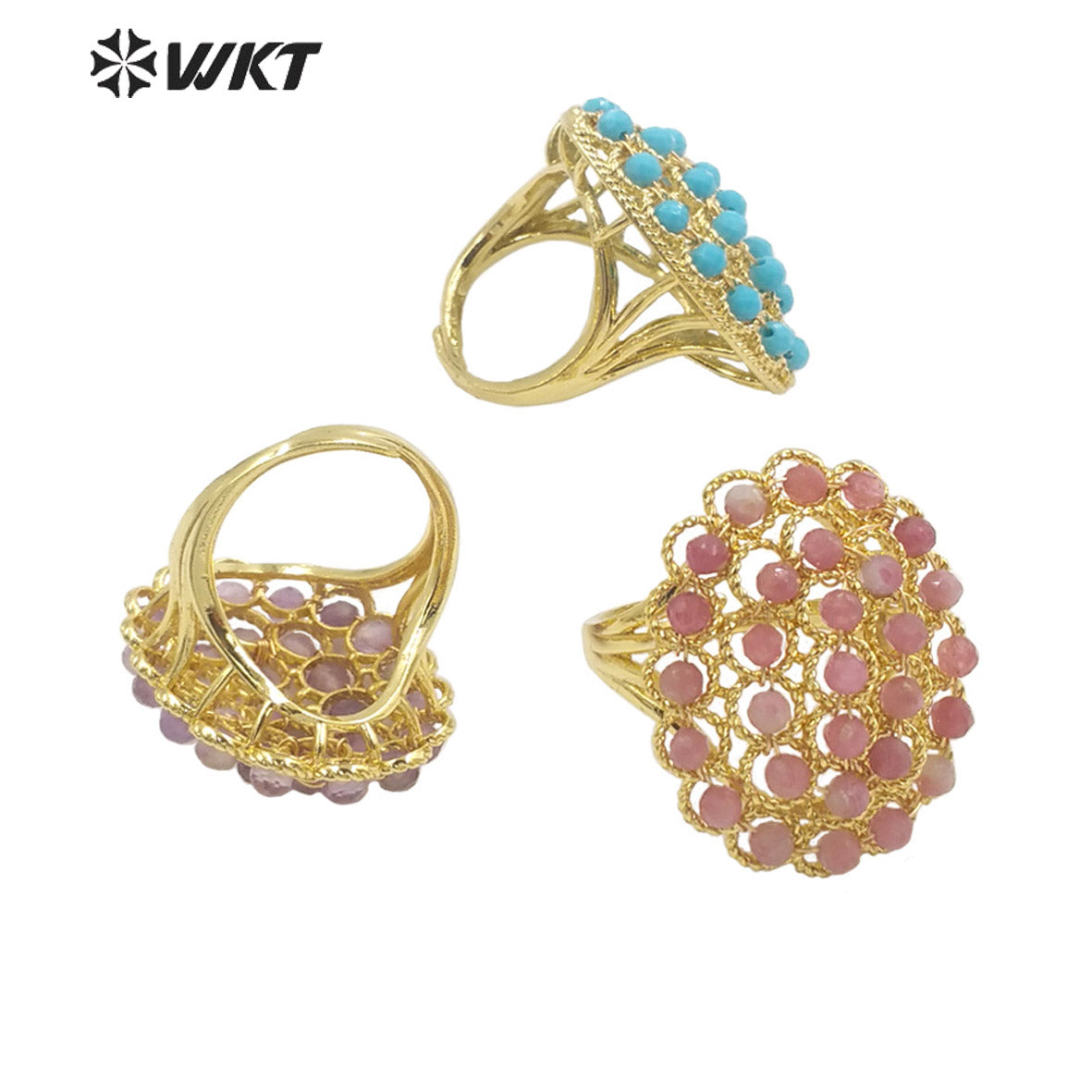 WT-R451 INS Summer Design Handmade Wire Wrapped Beads Ring 18k Gold Plated Tiny Stone Beads Jewelry Ring for Women