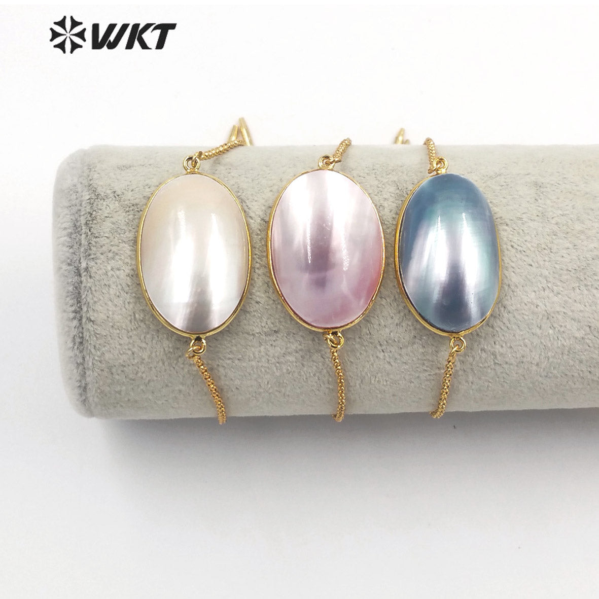 WT-MPB085 Wholesale Fashion Gold Plated Bullet Shape Chain Bracelet With Flash Mabe Shell Bracelet Women Wedding Bracelets