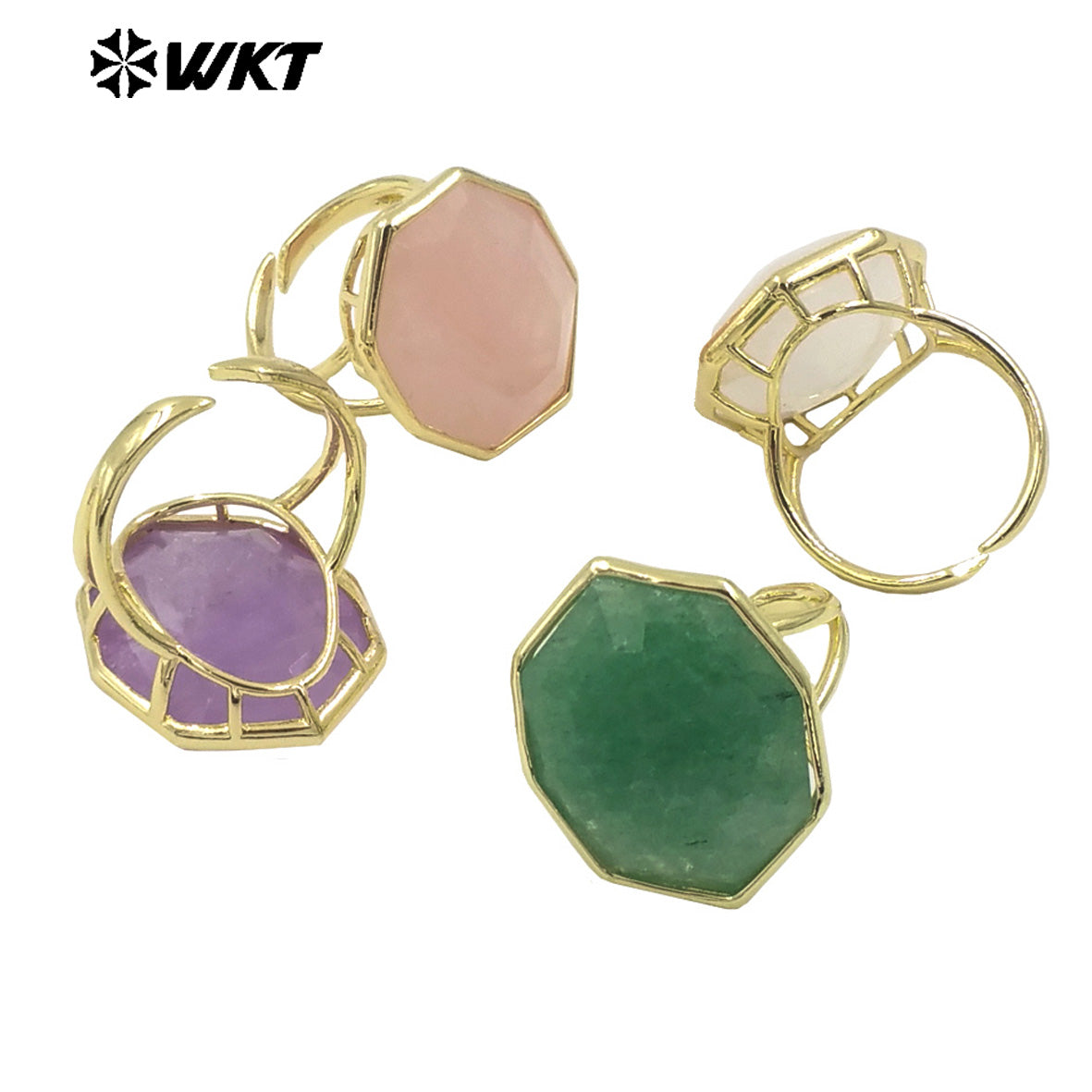 WT-R516 New Spring Design Geometric Natural Hexagon Rose Quartz Amethyst Stone Made Engagement Ring