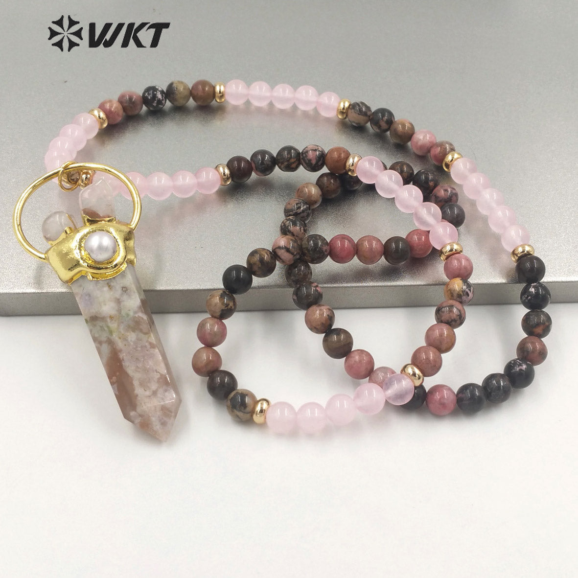 WT-N1338 WKT Women Fashion 30 Inch Long Bead Necklace Handmade Vintage Boho Gemstone Big Quartz Point Necklace Beads Necklace