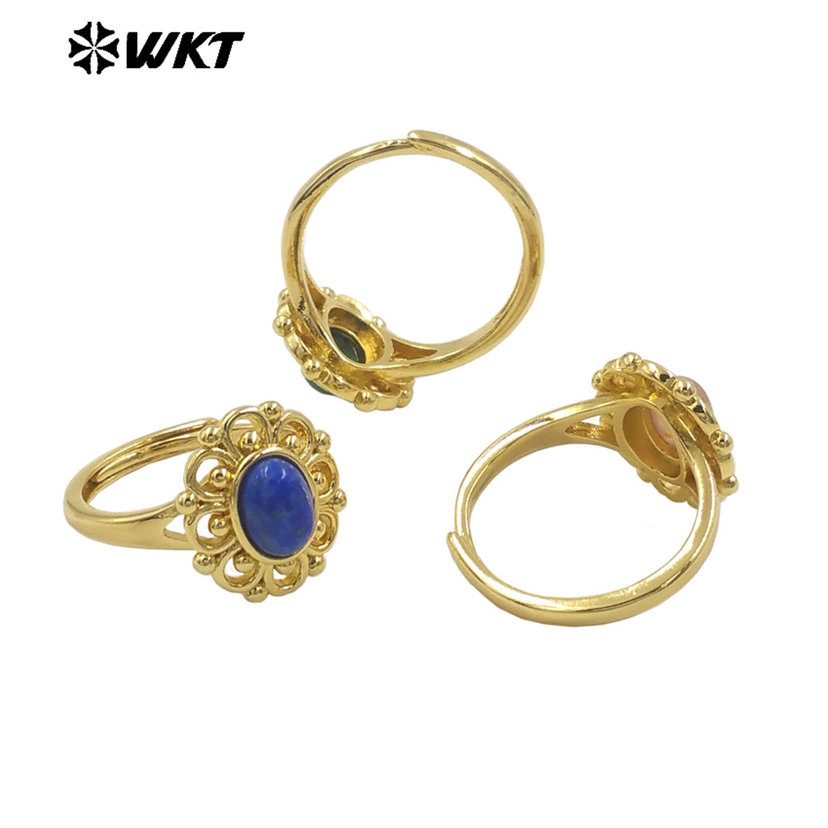 WT-R537 Wholesale Fashion 18K Real Gold Plated Round Hollow Flower Shape Design Natural Stone Ring for Women