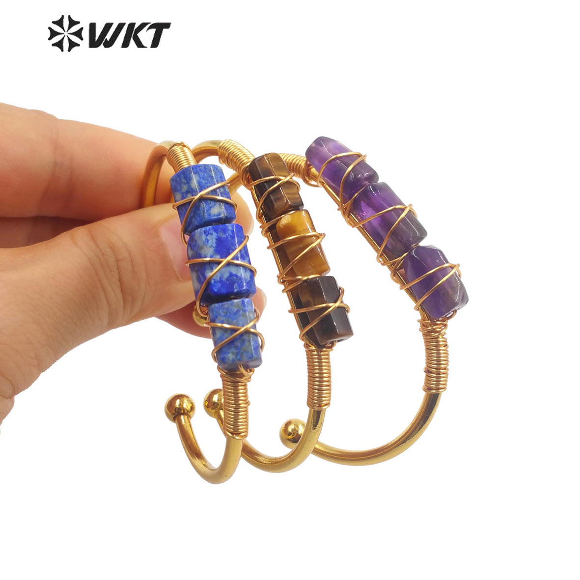 WT-B615 Wholesale New Women Handmade Wire Wrapped Natural Gemstone Cuff Bangle in Open Size Boho Stone Bangle for Friends
