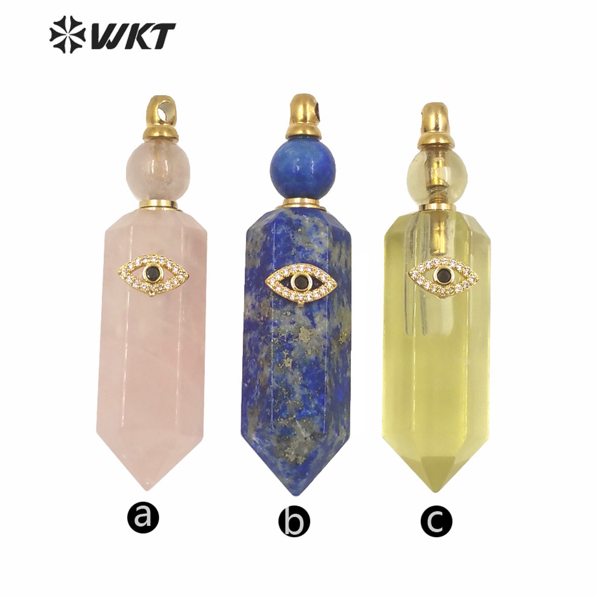 WT-P1603 NEW Charm Eye Hexagonal Spirit Point Rose Quartz Stone Perfume Bottle Women Fashion Gold Turkey Eye Perfume Pendant