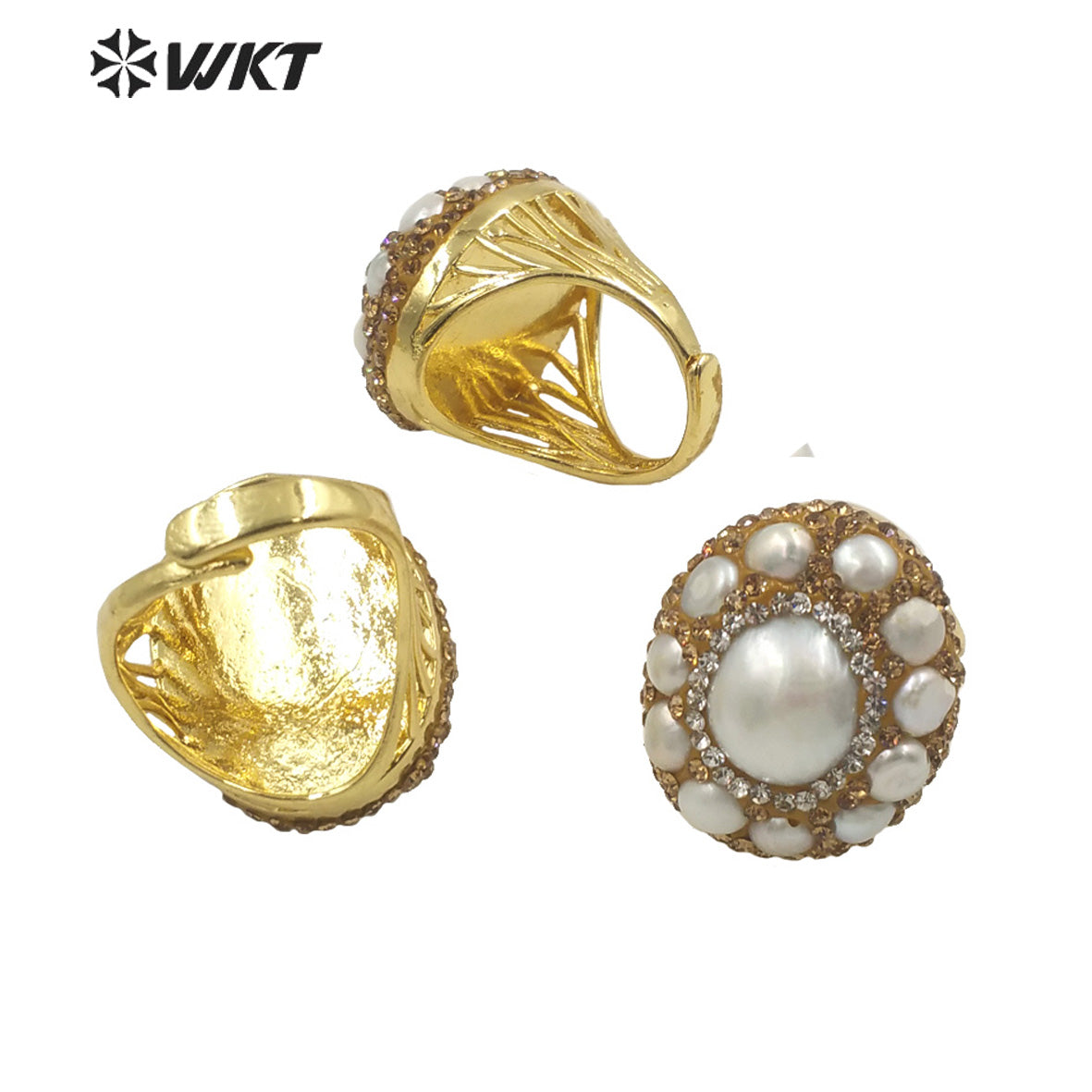WT-MPR046 WKT Newest Handmade Rhinestone Setting Multi Pearl Ring Women Gold Plated Freshwater Pearl Wedding Ring for Gift