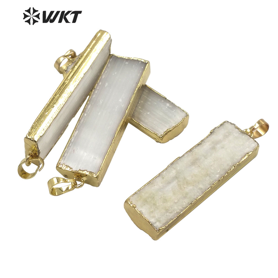 WT-P1641 Wholesale Natural White Long square Selenite Stone Pendant for Necklace Design Gold Trim Fashion Selenite Pendant