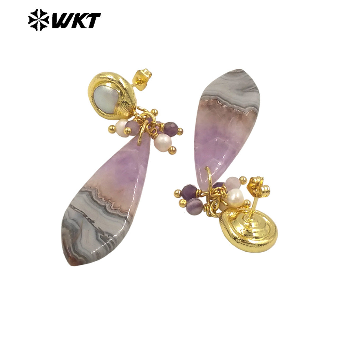 WT-E780 Long Drop Shape Natural Amethyst and Pearl Beads Design Exquisite Retro Style Women Party Fine Jewelry Earrings