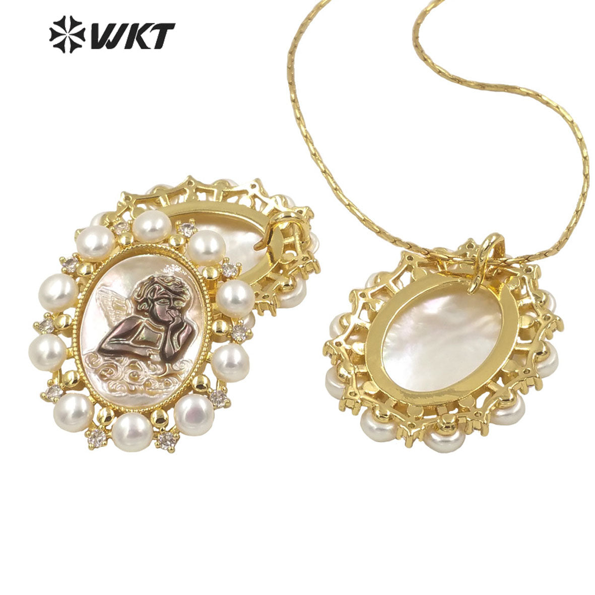 WT-JP278 New Gorgeous Fashion Gold Bezel Micro Pave CZ Setting White Pearl Angel Pendant Women Religious Christian Angel Shell