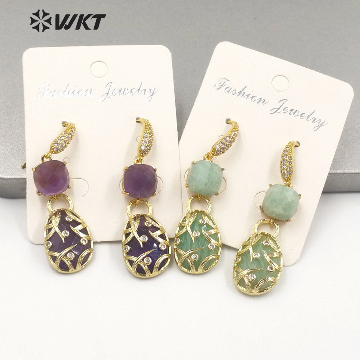 WT-E691 Fashion Double Stone Handmade Claw Setting Bezel Earrings Women Delicate Long Hoop Amethyst Stone Earrings