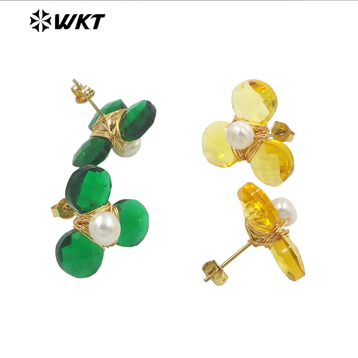 WT-E723 Women New Earrings Design Colorful Cat Eye Stone Flower Studs Handmade Wire Wrapped Pearl Leaf Fashion Girl Earrings