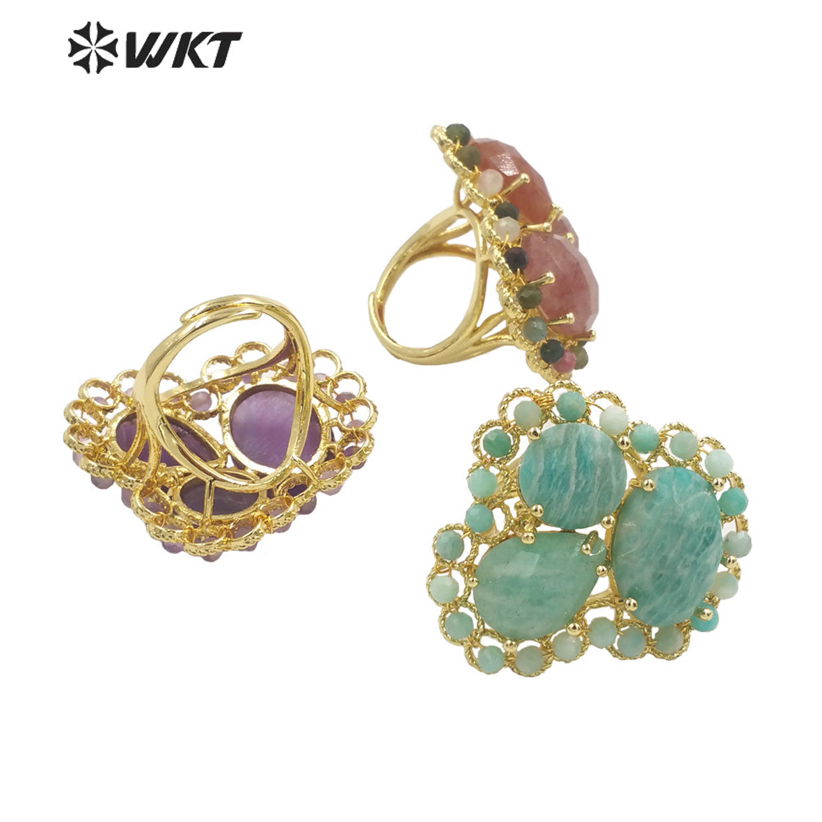 WT-R452 Newest Gold Bezel Natural Gemstone Cocktail Ring Big Exaggerated Luxury Gold Plated Women Triple Stone Ring
