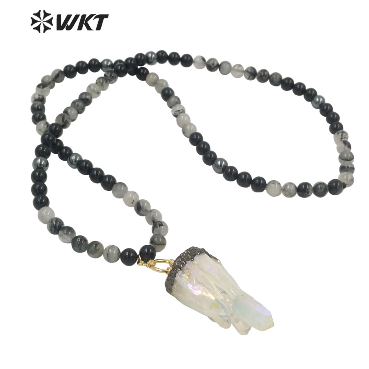 WT-N1279 Wholesale Black Gun Electroplated Aura Crystal Quartz Beads Necklace Amazing Spirit Quartz Stone Necklace