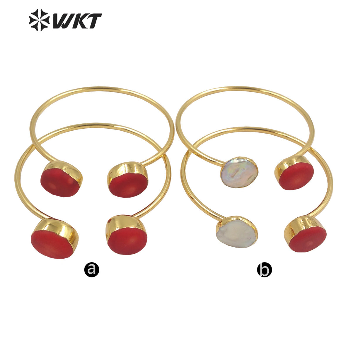 WT-MPB052 Beautiful Sample Red Coral Bangles Natural Pearl Bangles Brass with 18k Real Gold Plated Exotic Natural Pearl Bangles