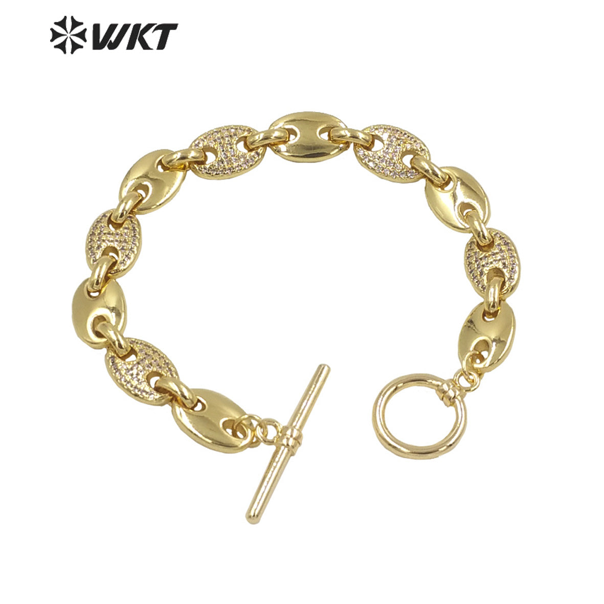 WT-MB119 Wholesale New Coffee Bean Cubic Zircon Chunky Chain Bracelet Europe 18k Real Gold Plated Big Chain Metal Bracelet