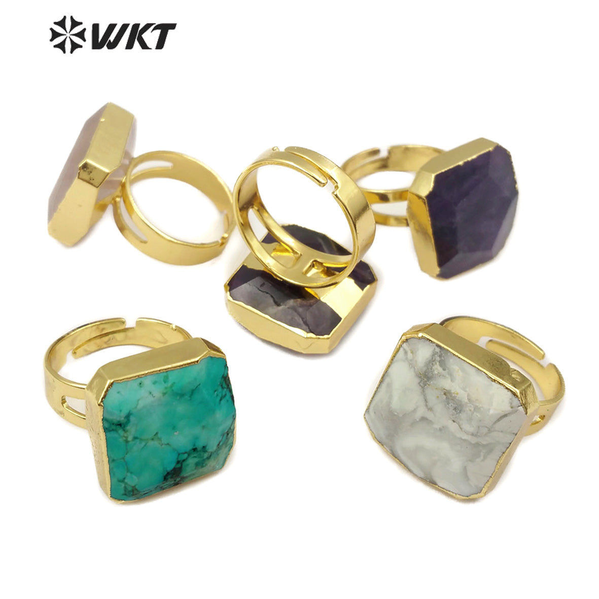 WT-R216 Natural Multi Color Gemstone Gold Electroplated Ring Fashion Adjustable Turquoise Single Stone Ring