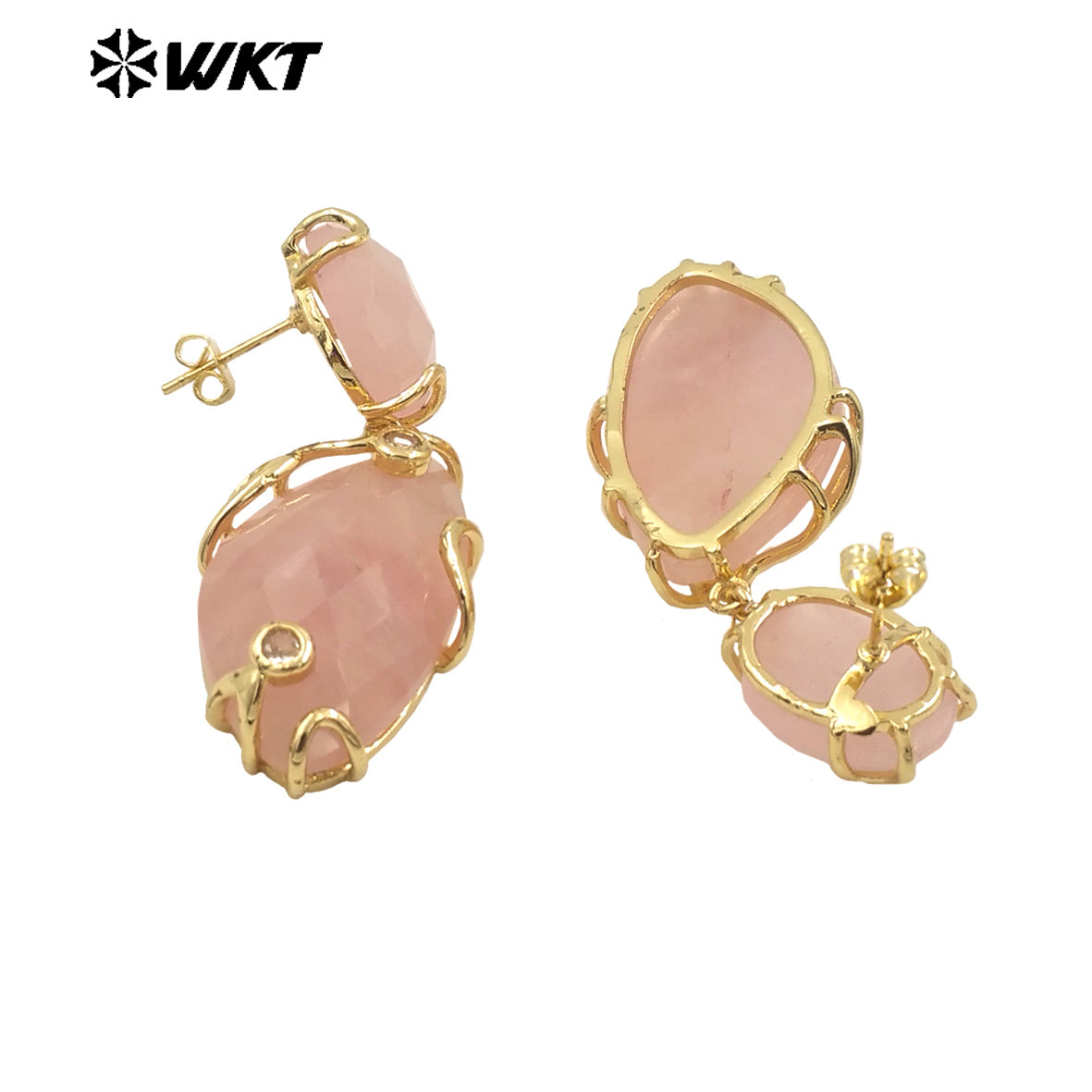 WT-E751 Wholesale New Gorgeous Precious Natural Gemstone Made With Claw Setting Amazonite Rose Quartz Dangle Stone Earrings