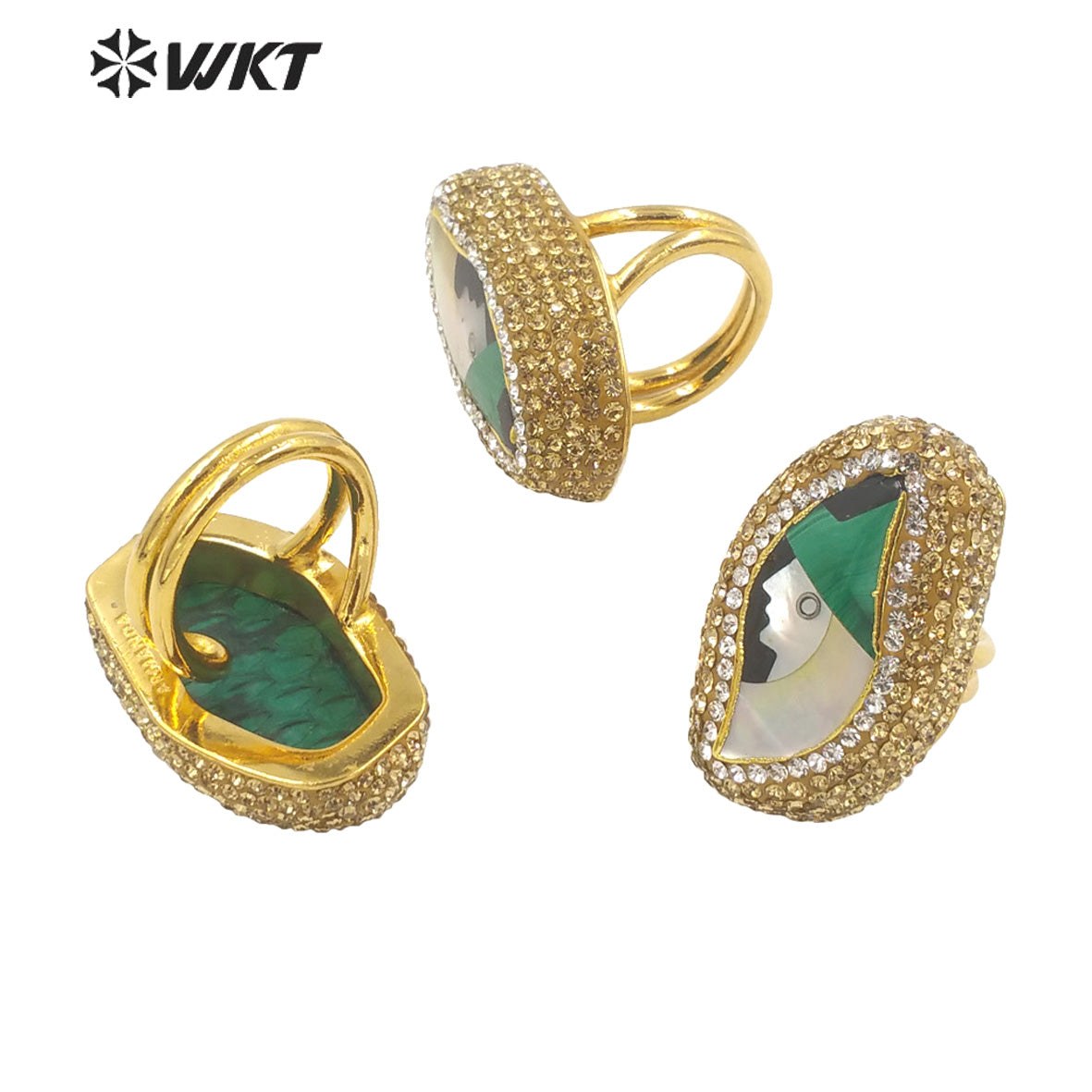 WT-MPR033 Rustic Malachite Ring Pearl Shining Rhinestone 18k Gold Plated Delicate Elegant Lady Head Ring Natural Pearl Ring