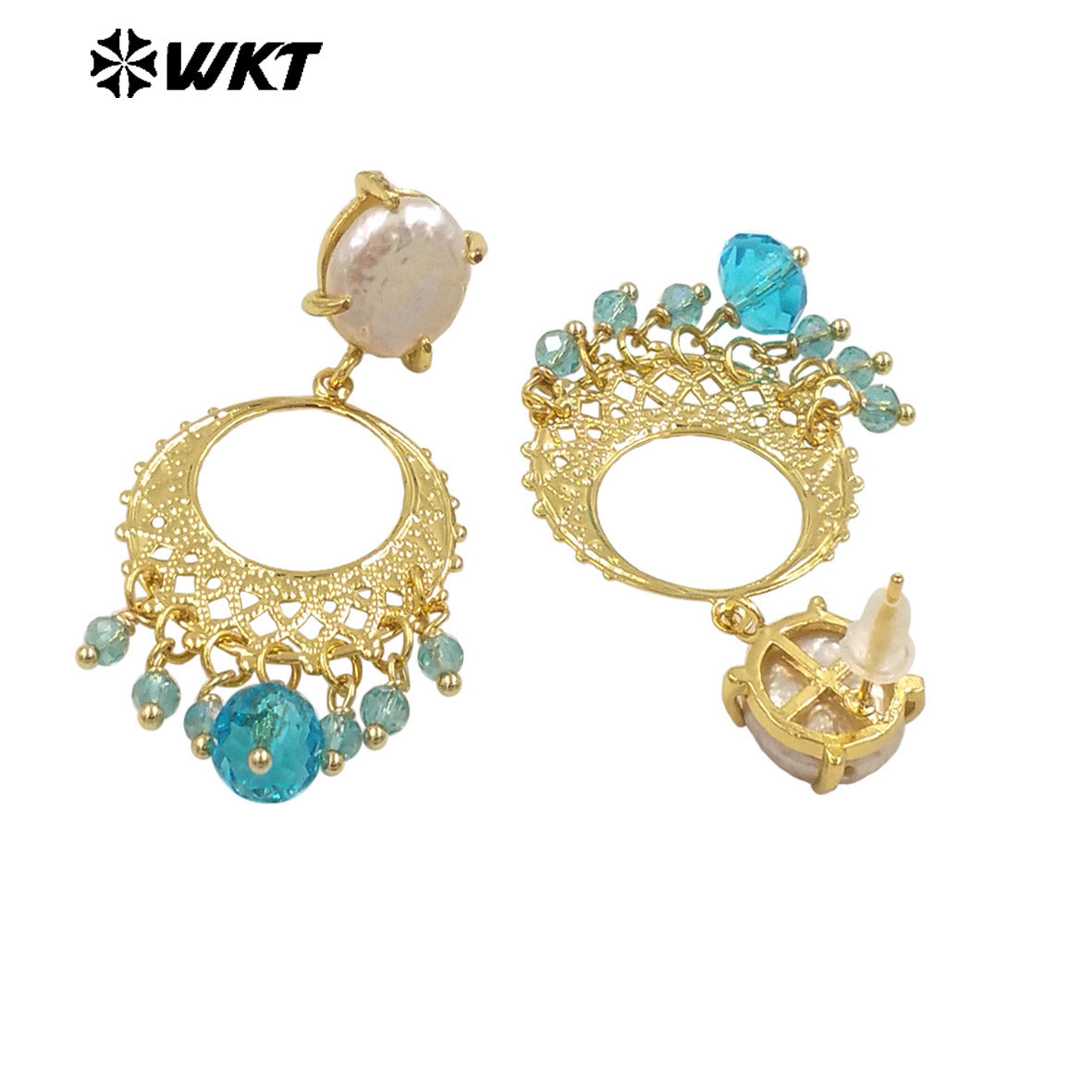 WT-MPE133 Stunning Colorful 18K Real Gold Plated Long Dangle Hand Made Claw Setting Charming Freshwater Pearl Stud Earrings
