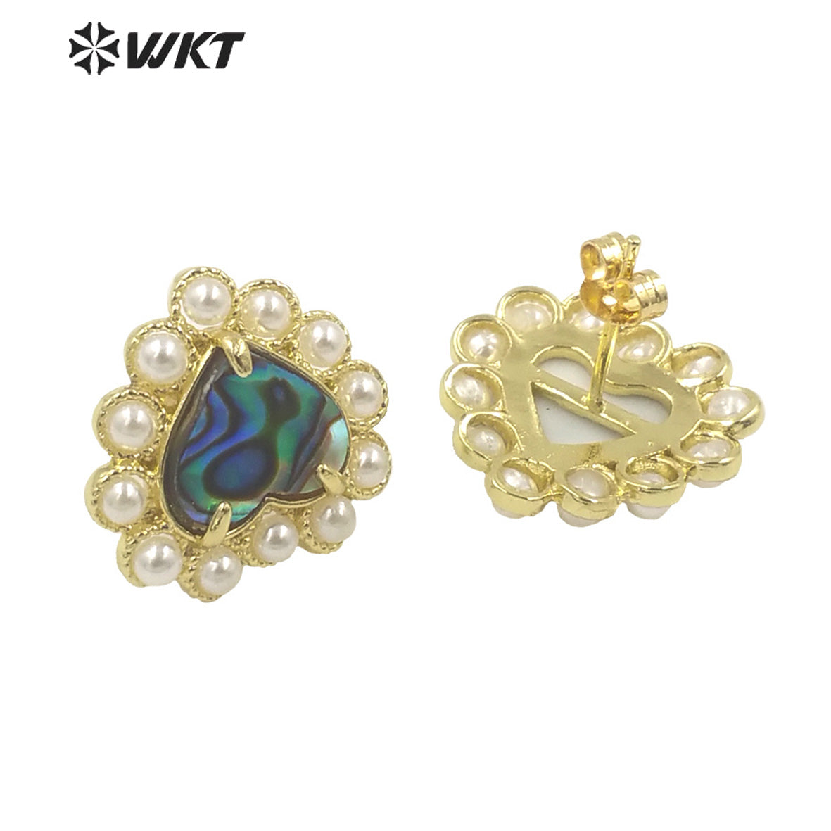 WT-MPE123 Wholesale Gold Plated Artificial Pearl and Natural Abalone Shell Heart Girl Earrings Popular Fashion Boho Studs
