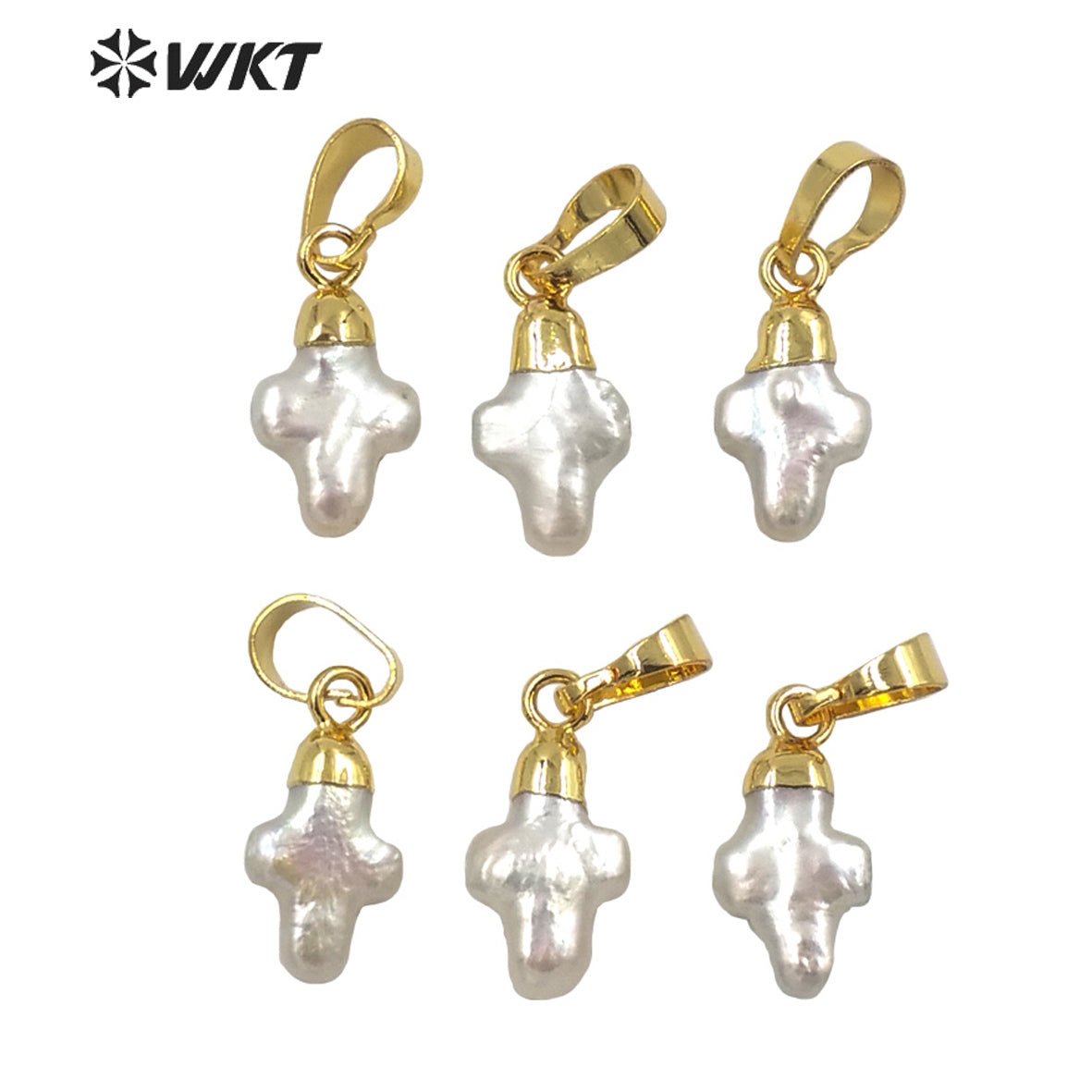 WT-JP246 WKT Newest Natural Freshwater Pearl Cross Pendant Fashion Lady Gold Top Single Loop White Pearl Charm Pendant in Cross