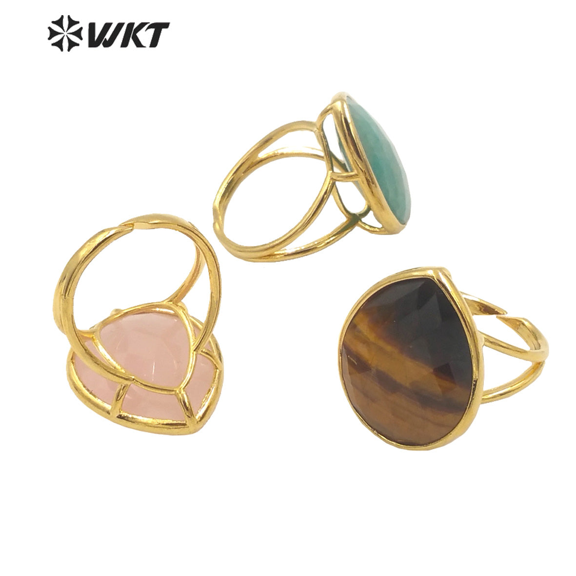 WT-R505 Gorgeous Big Drop Stone Amazonite Tiger Eye and Labradorite 18K Gold Plated Gemstone Women Birthday Ring